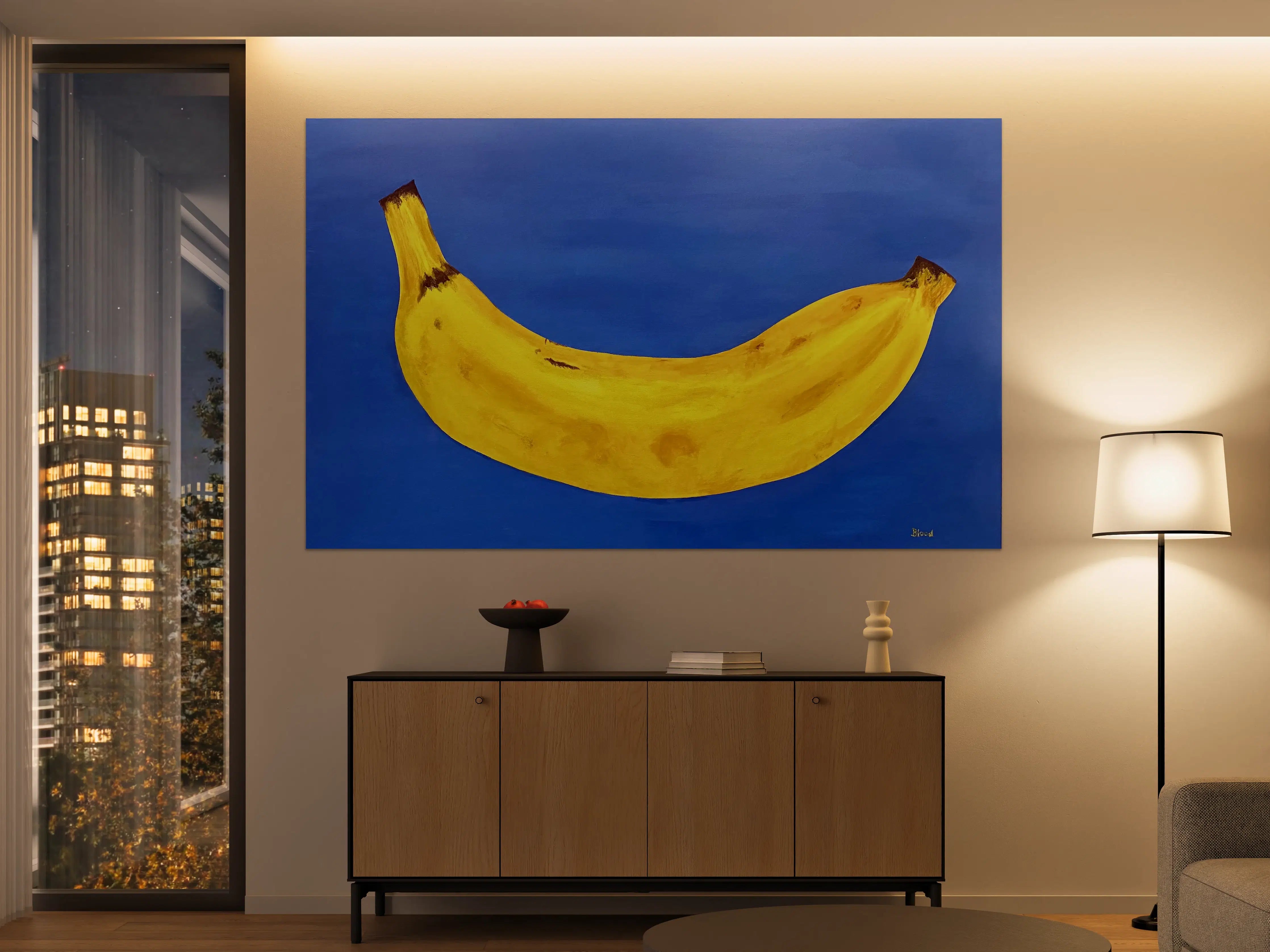 Große Wandbilder - Lebendige Bananenmalerei auf blauer Leinwand