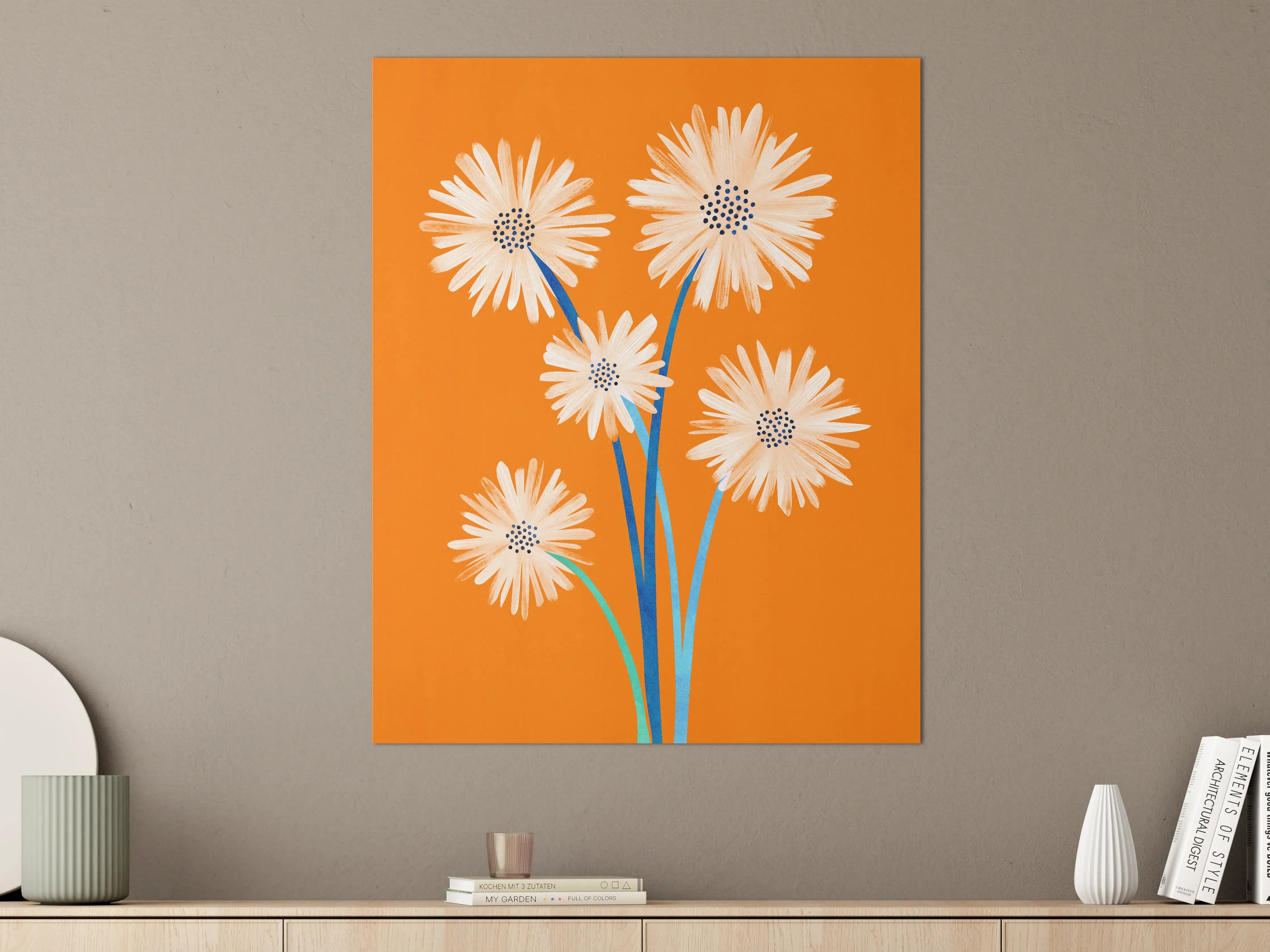 Große Wandbilder - Lebendige Blumenillustration auf orangehintergrund