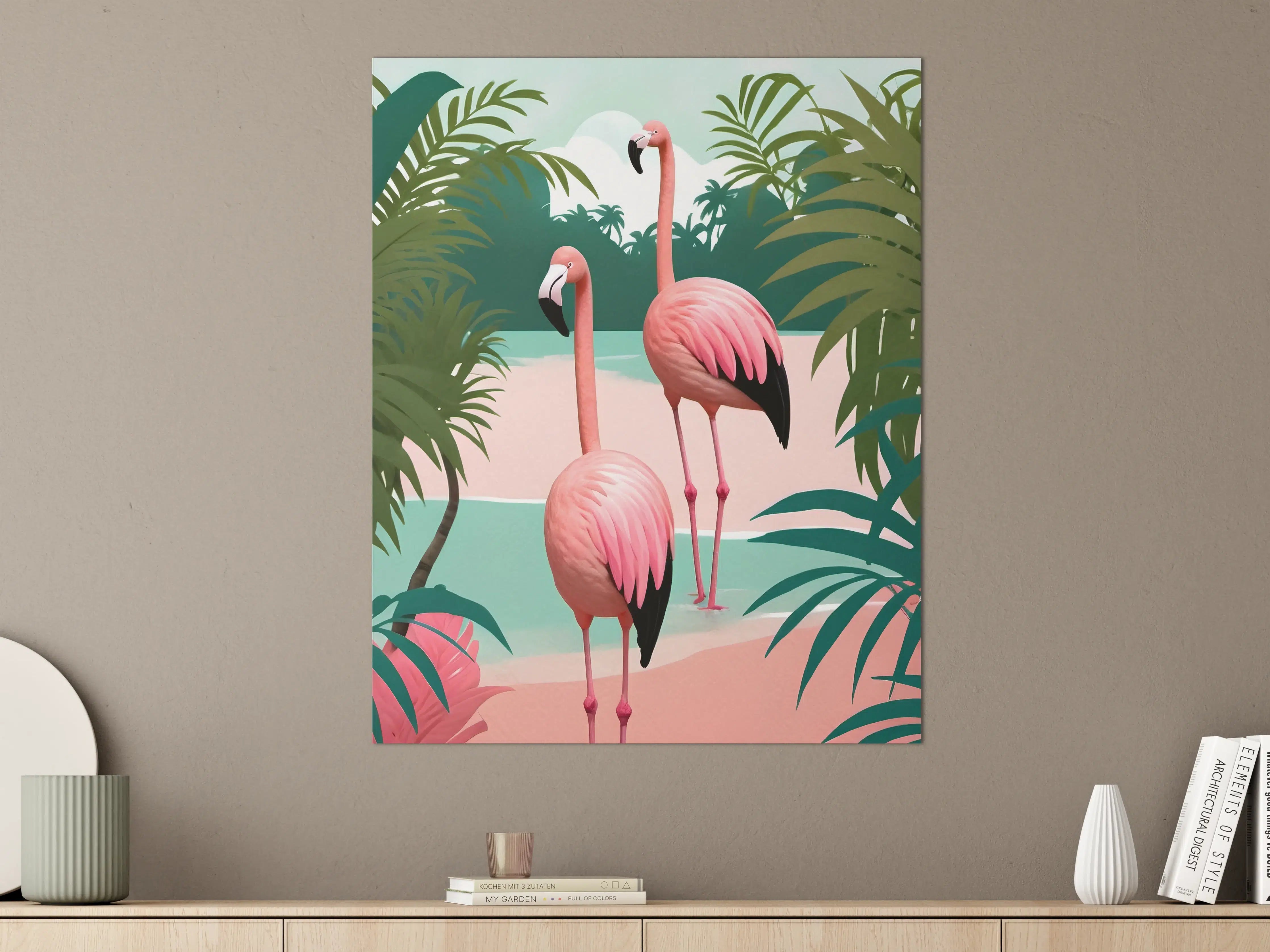 Große Wandbilder - Lebendige Flamingo-Szene vor Palmen