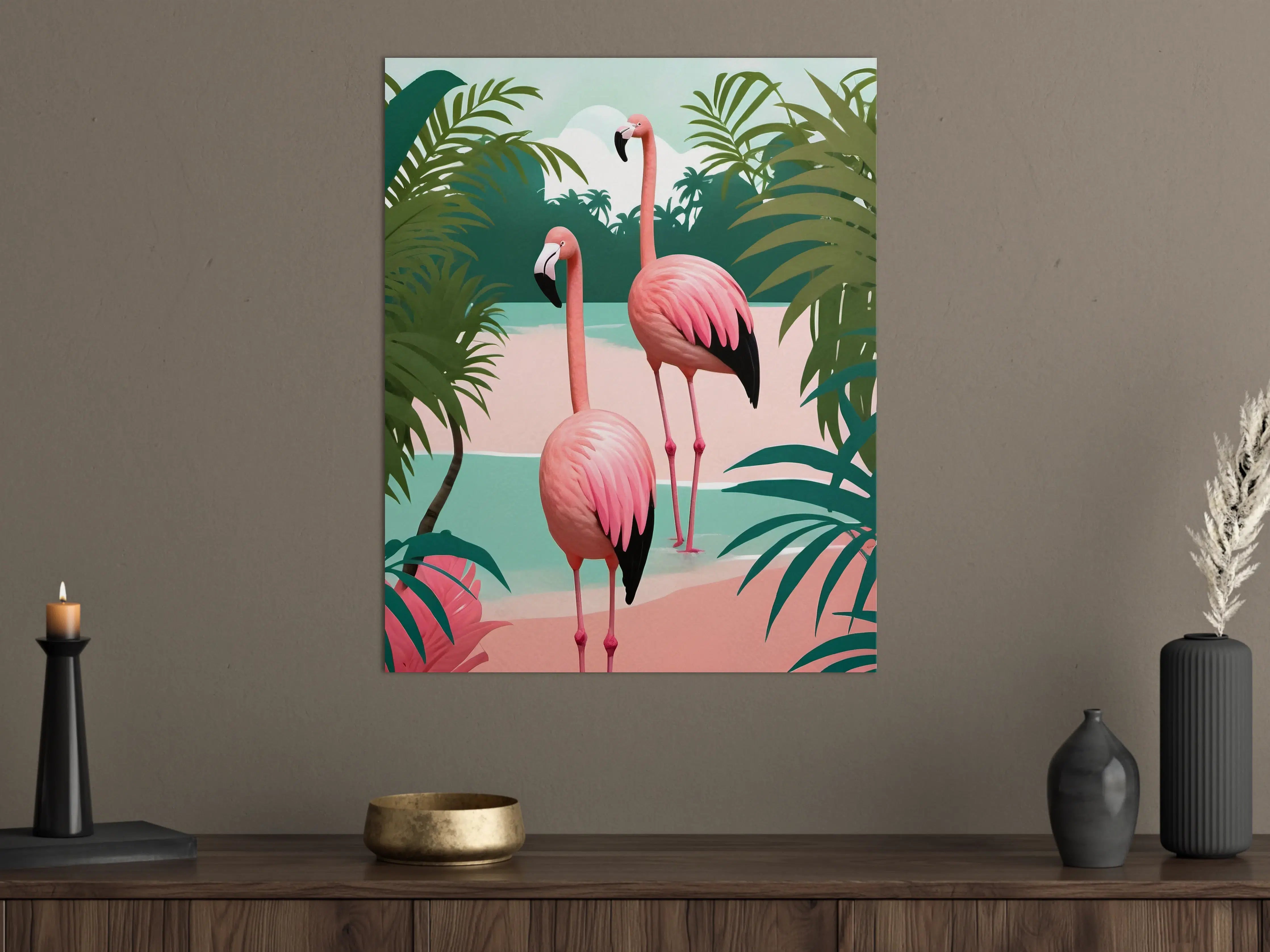 Große Wandbilder - Lebendige Flamingo-Szene vor Palmen