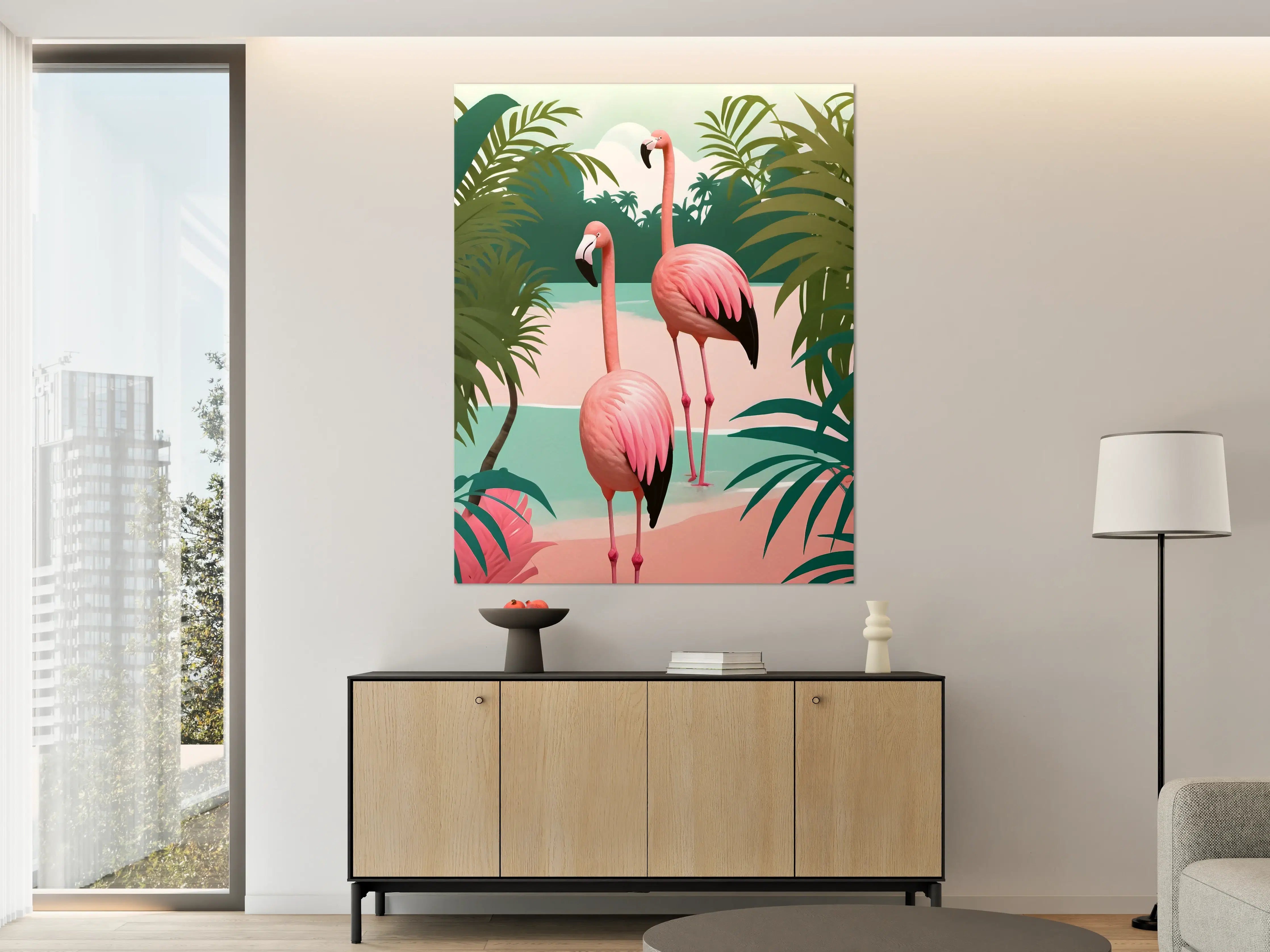Große Wandbilder - Lebendige Flamingo-Szene vor Palmen
