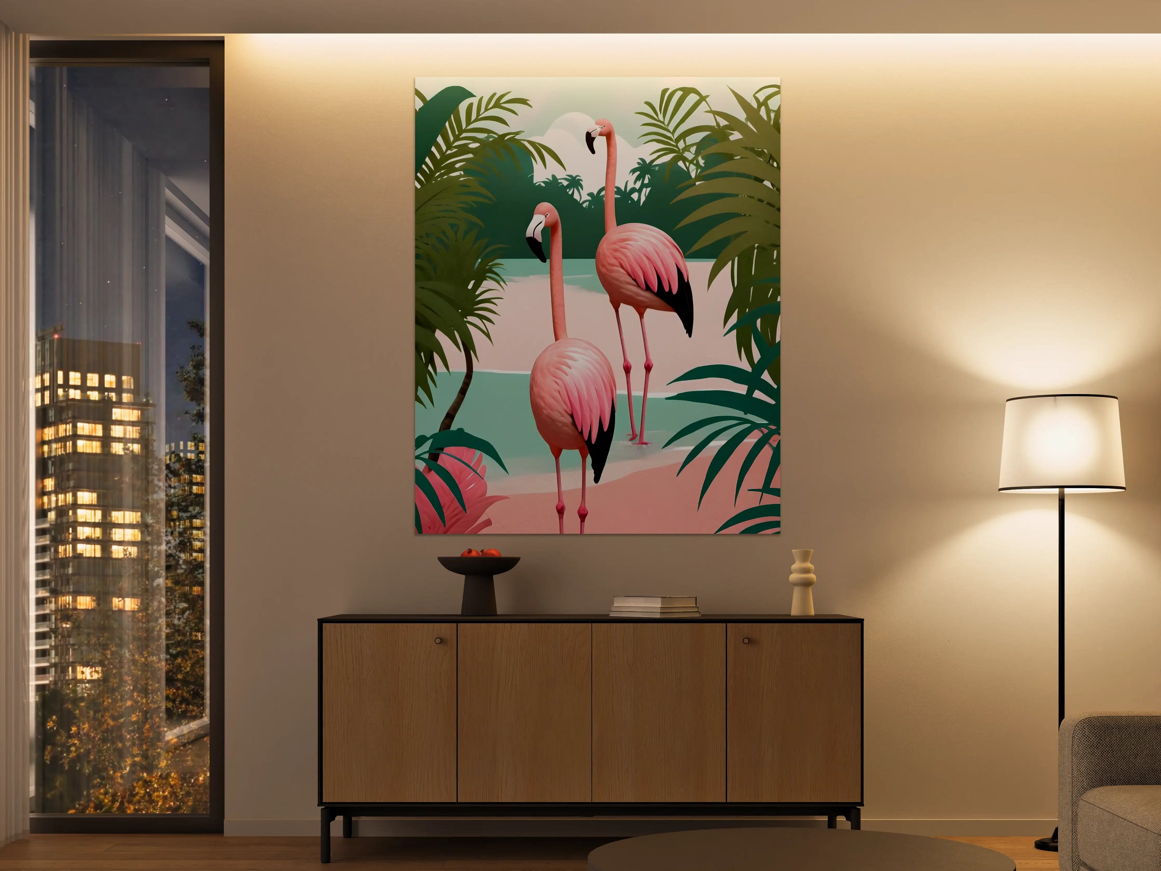 Große Wandbilder - Lebendige Flamingo-Szene vor Palmen