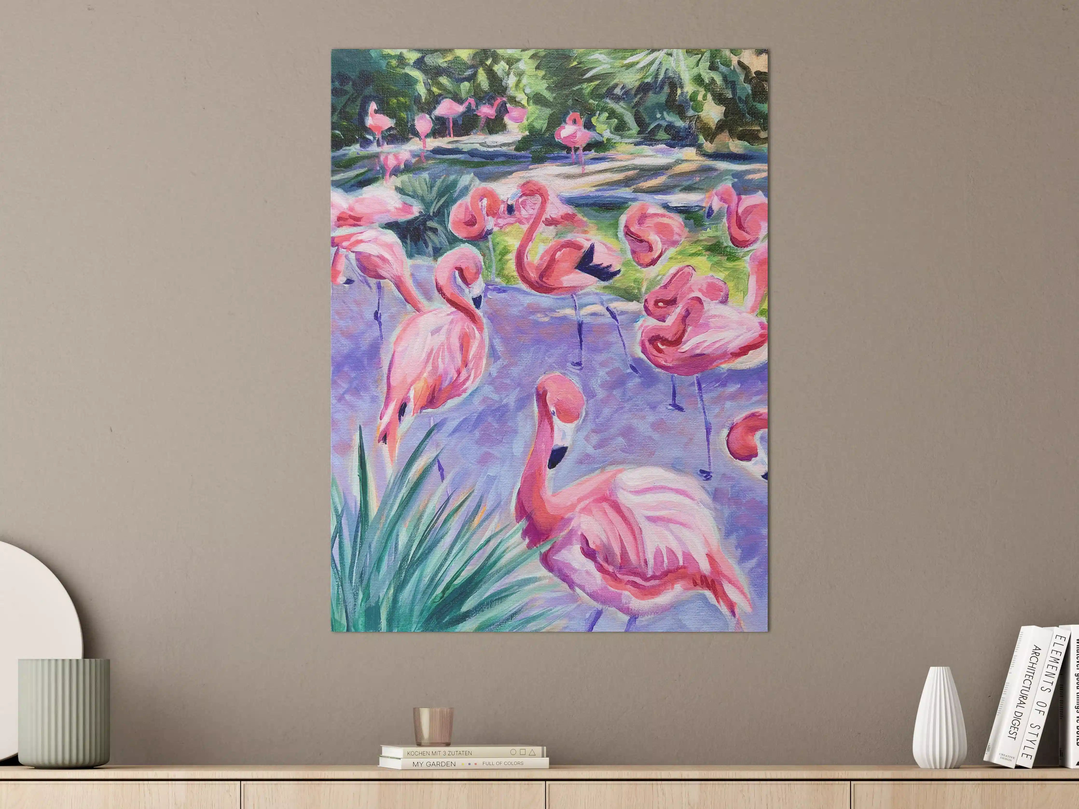 Große Wandbilder - Lebendige Flamingos im Wasser