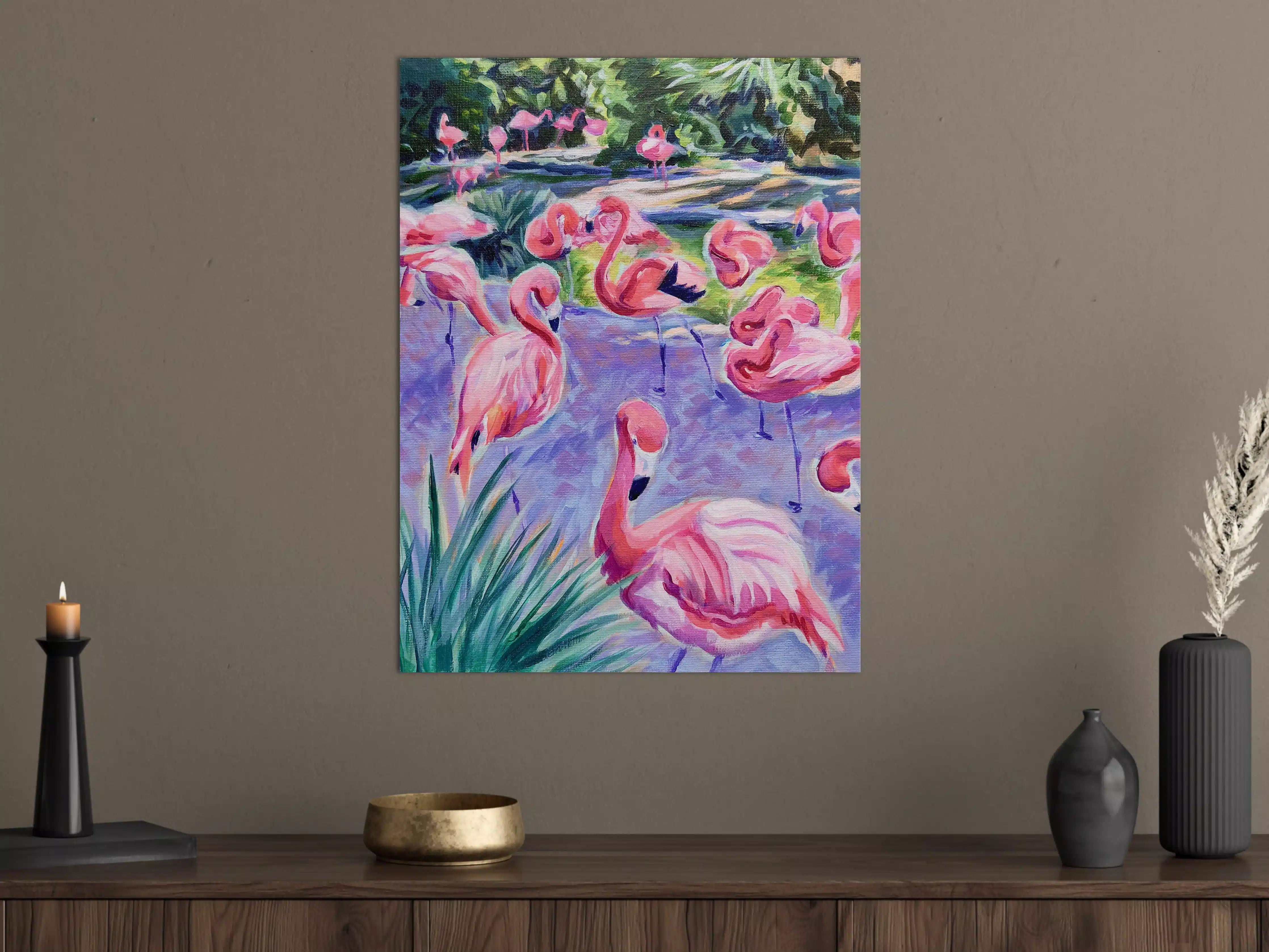 Große Wandbilder - Lebendige Flamingos im Wasser