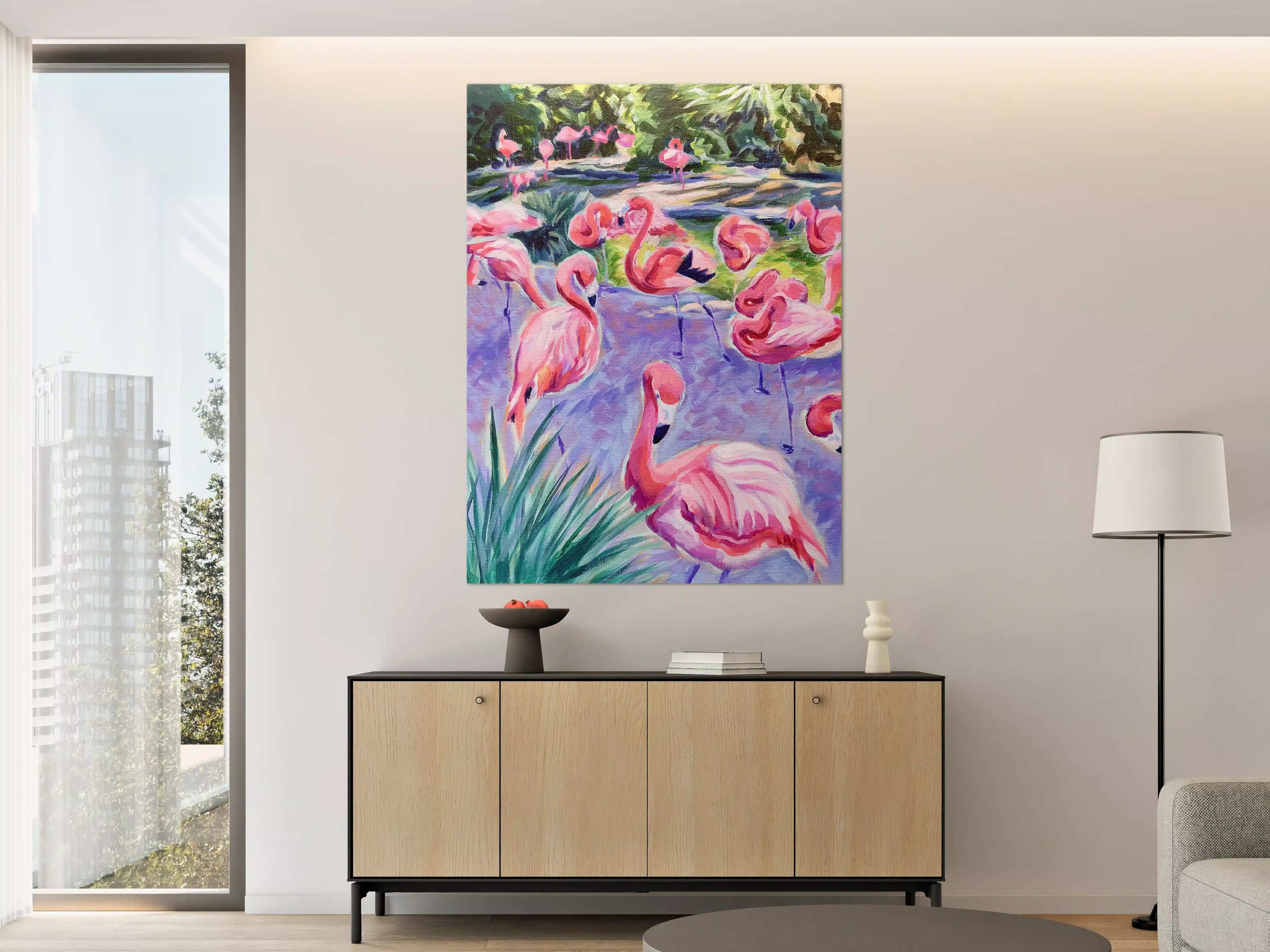 Große Wandbilder - Lebendige Flamingos im Wasser