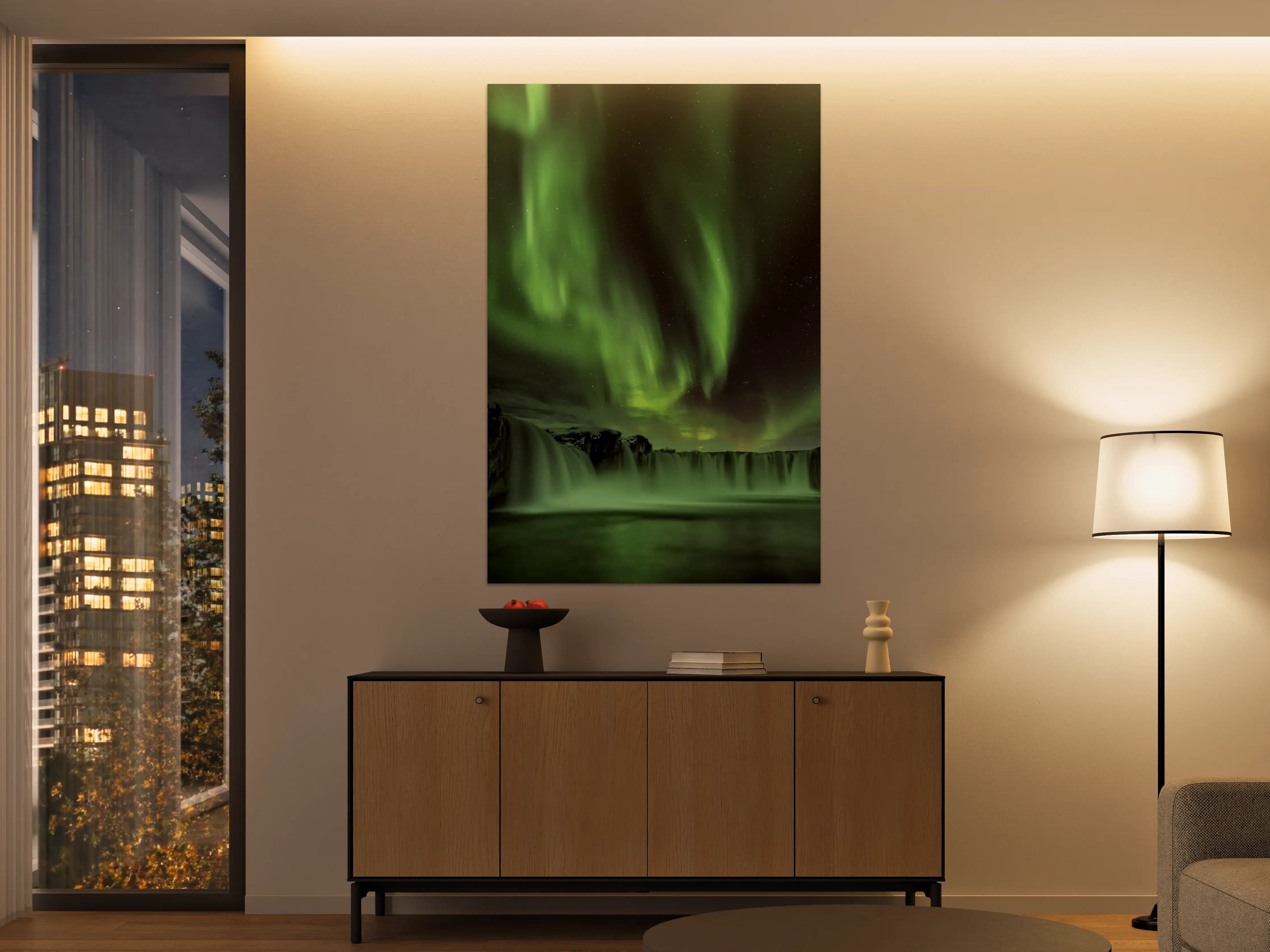 Große Wandbilder - Lebendige Nordlichter über Wasserfall