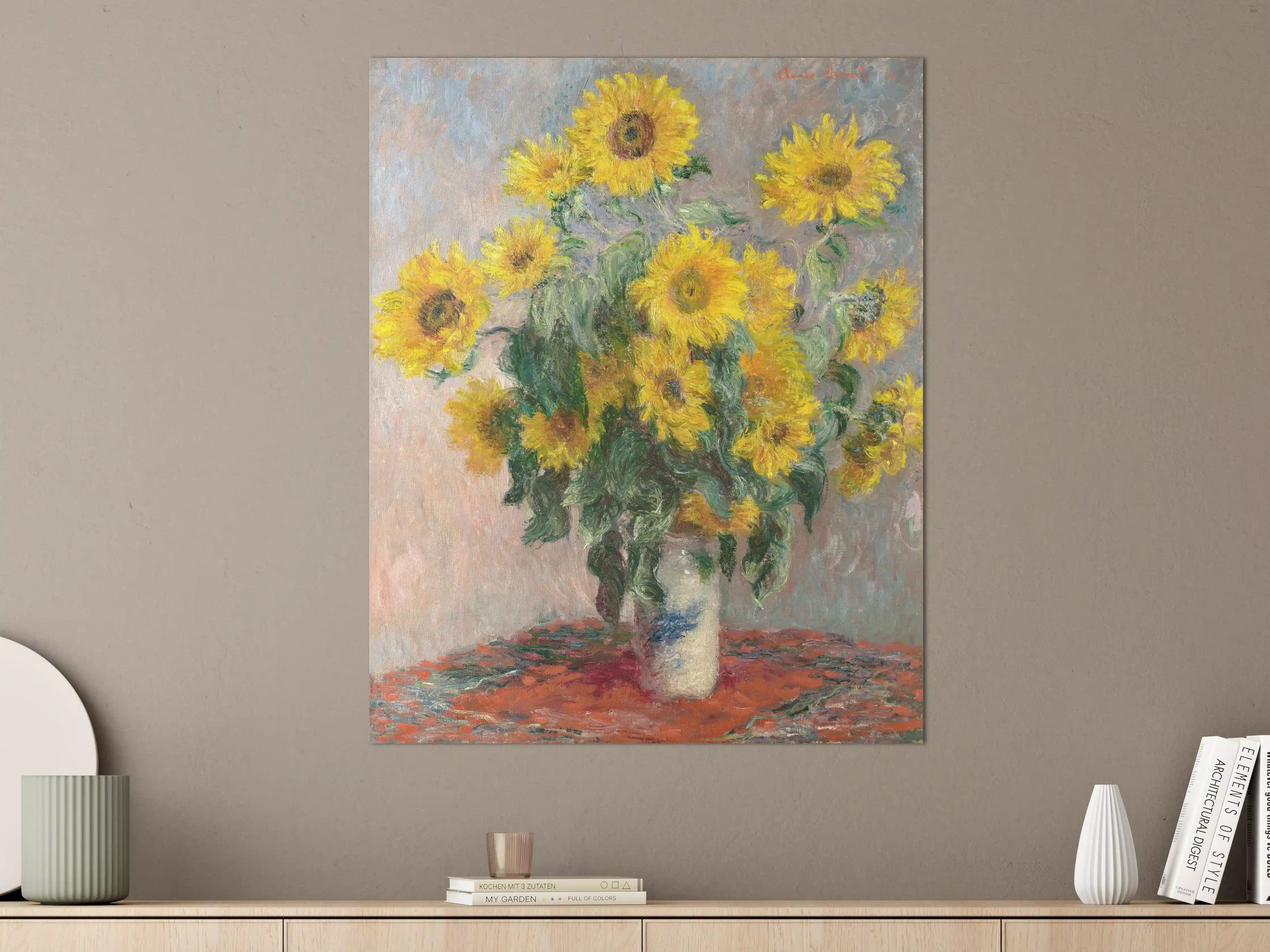 Große Wandbilder - Lebendige Sonnenblumen im Keramikväschen
