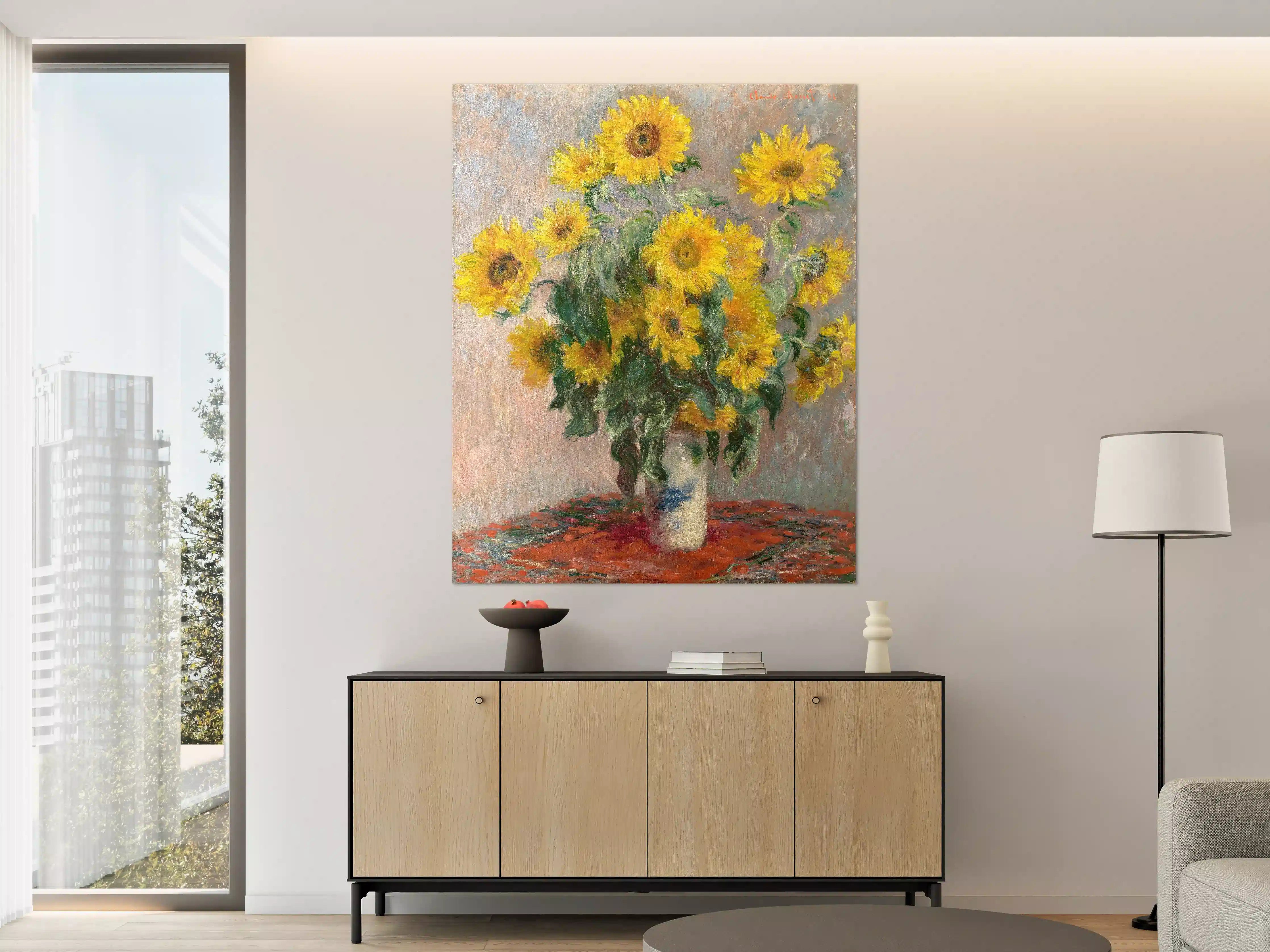 Große Wandbilder - Lebendige Sonnenblumen im Keramikväschen