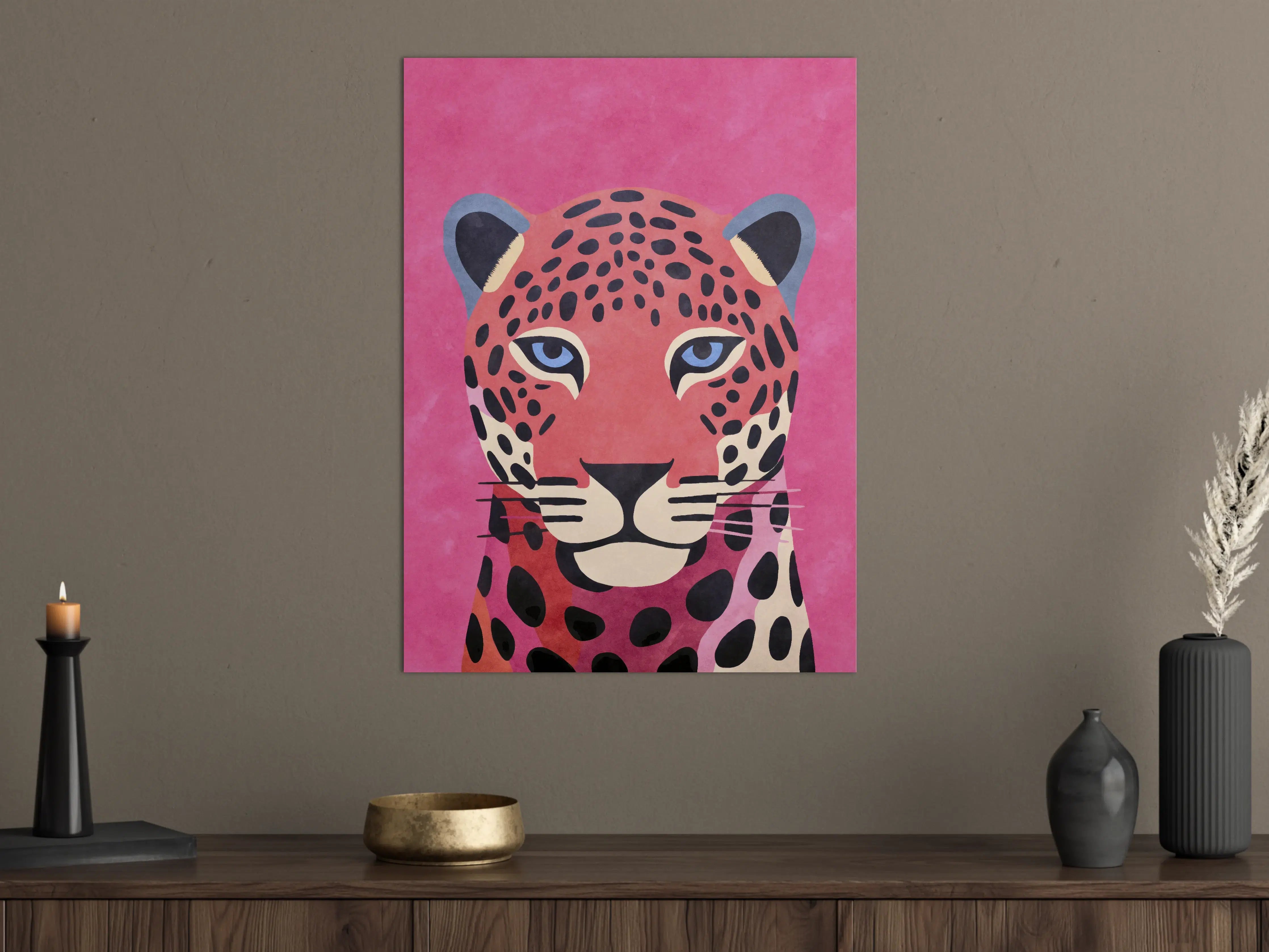 Große Wandbilder - Lebendiges Leopardenportrait auf Pinkem Hintergrund