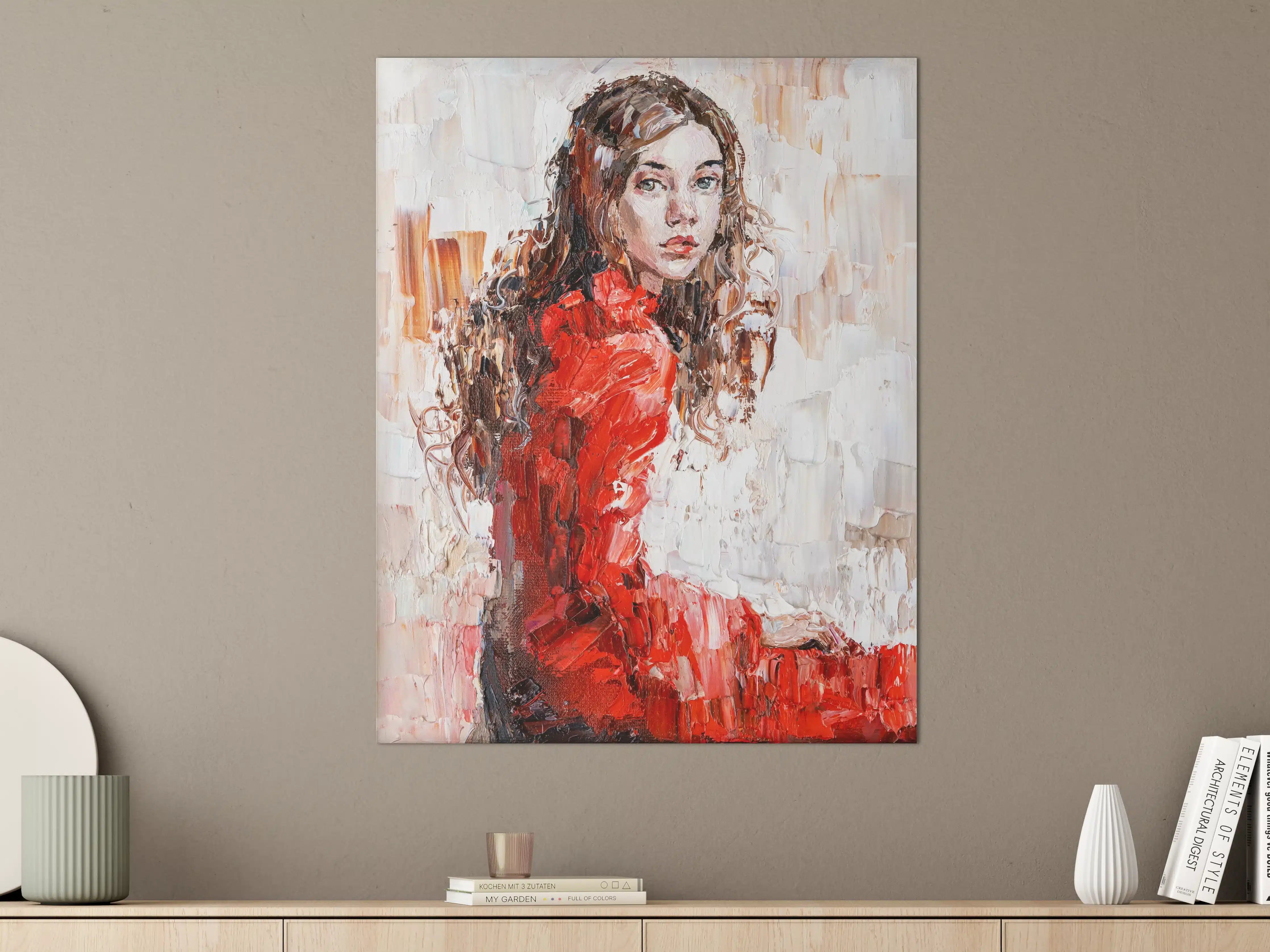 Große Wandbilder - Leinwand Portrait einer jungen Frau in rotem Kleid