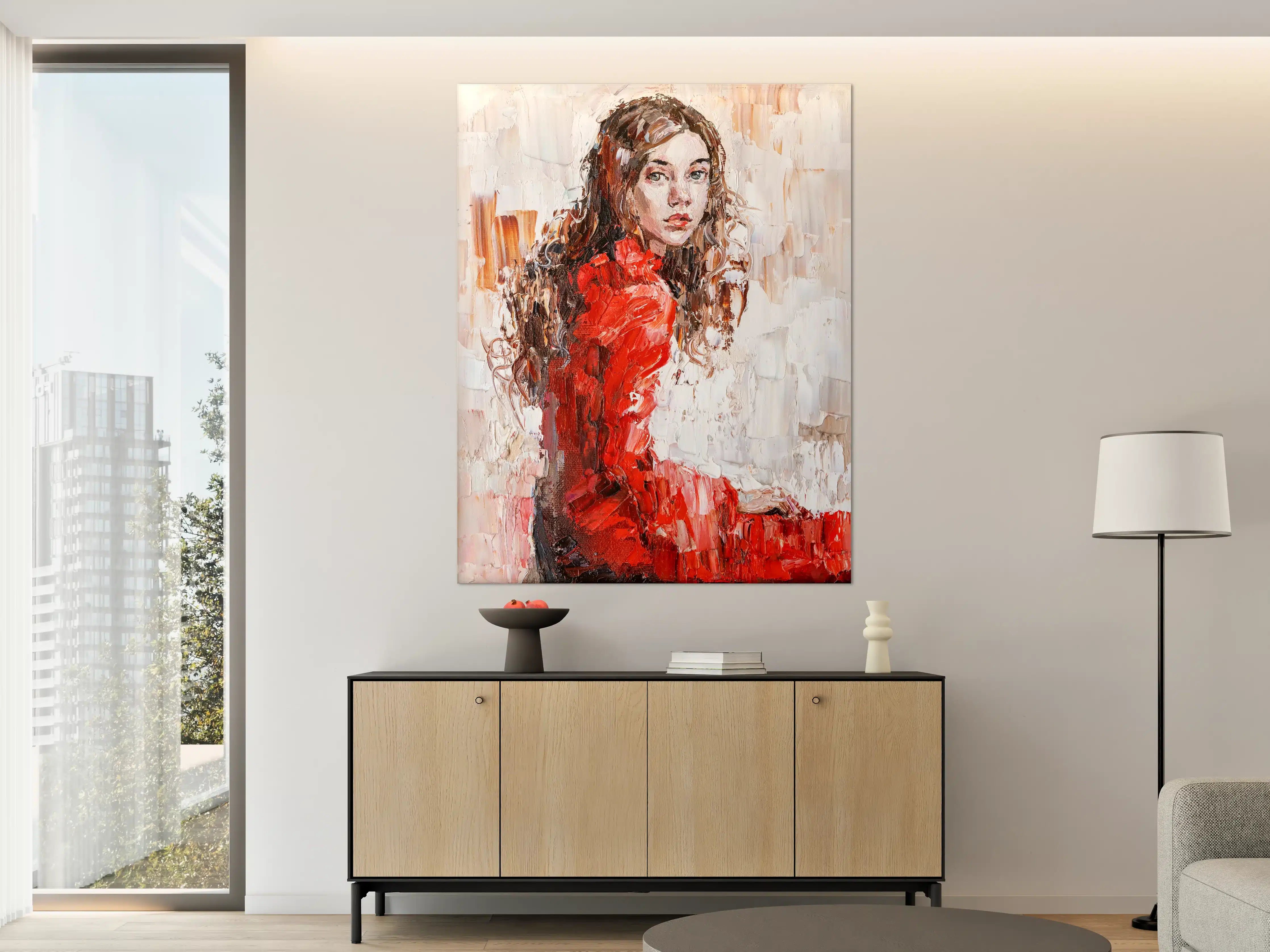 Große Wandbilder - Leinwand Portrait einer jungen Frau in rotem Kleid