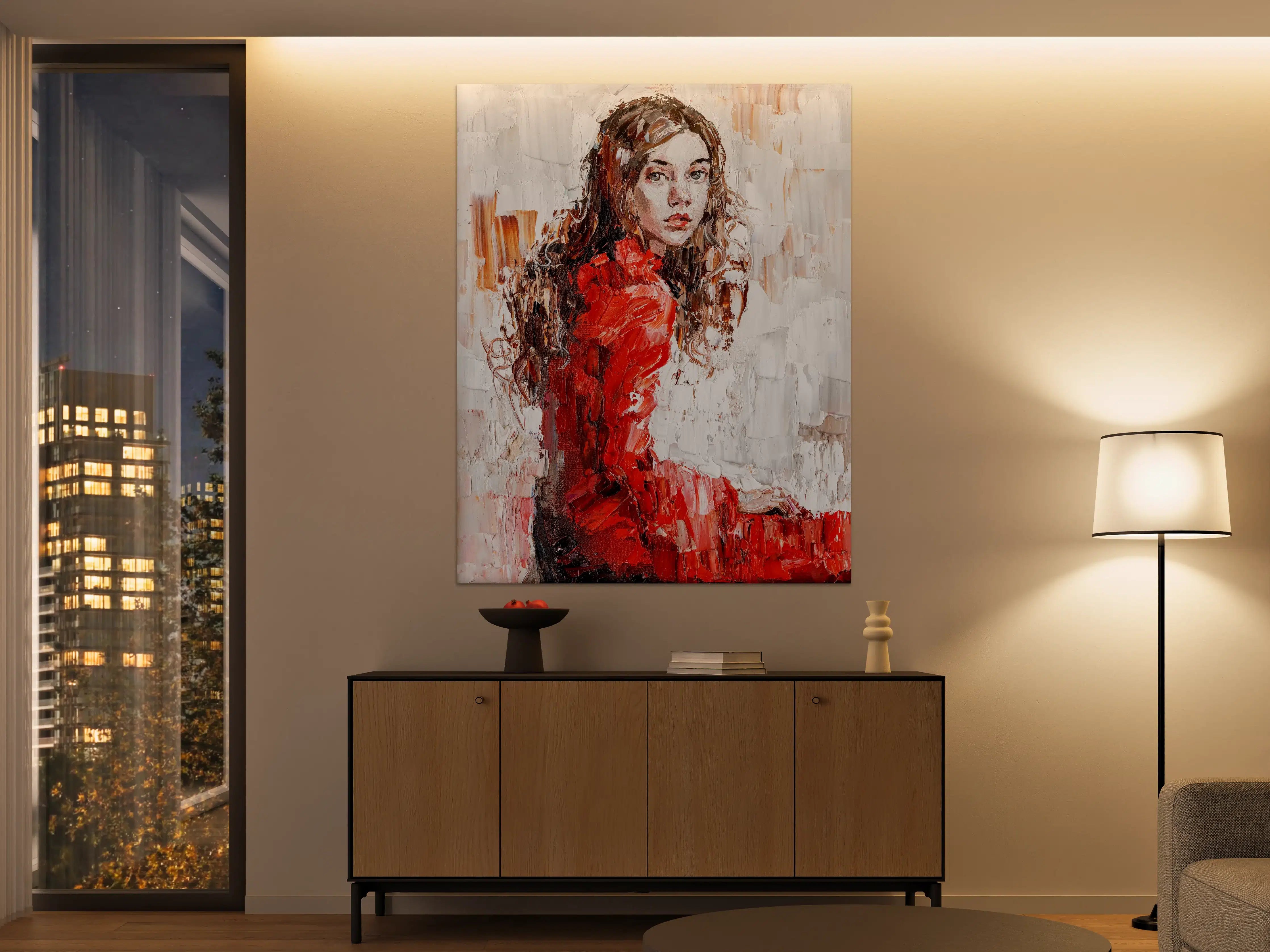 Große Wandbilder - Leinwand Portrait einer jungen Frau in rotem Kleid