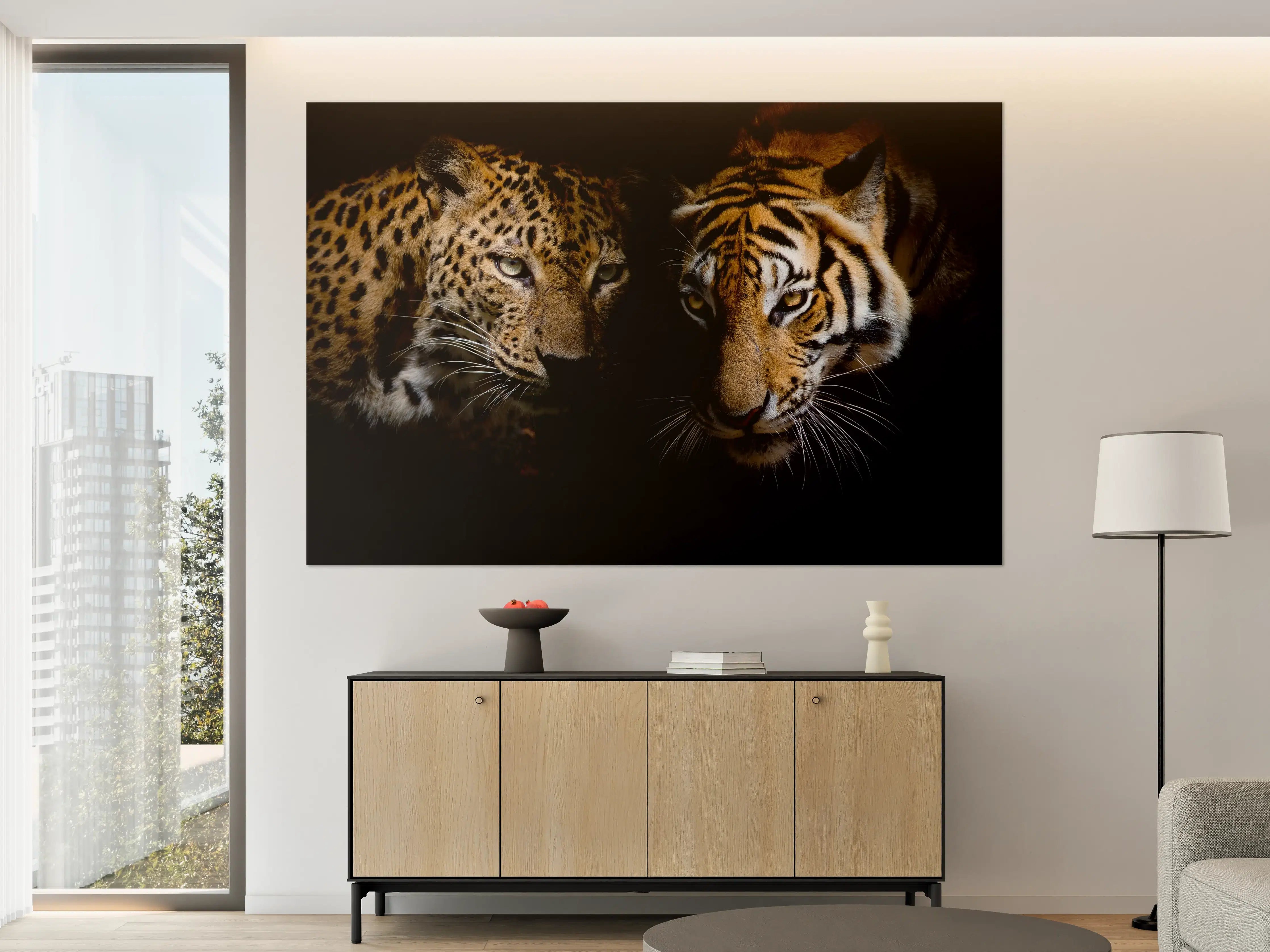 Große Wandbilder - Leopard und Tiger isoliert auf schwarzen Hintergrund