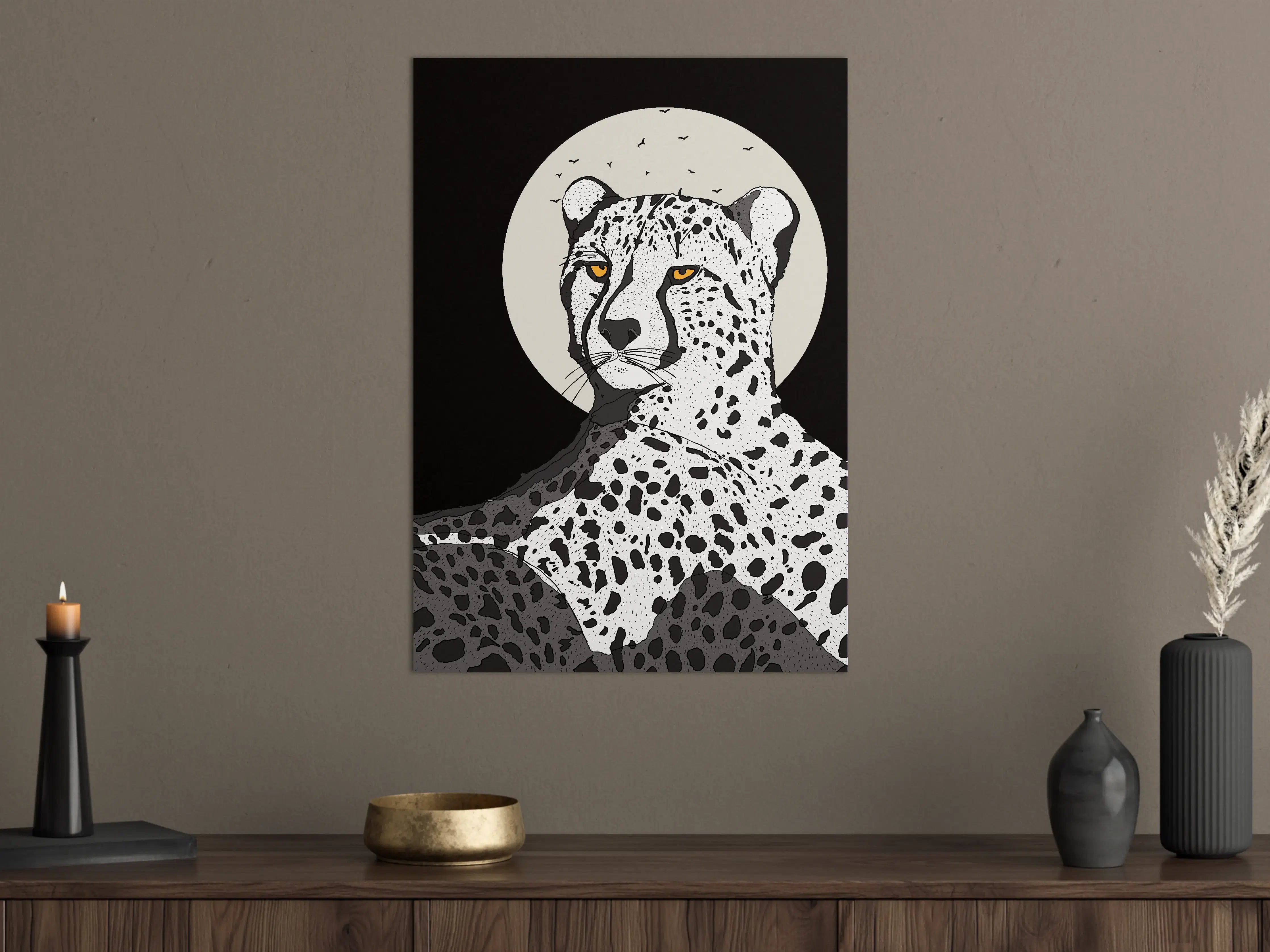 Große Wandbilder - Leopard vor Mond auf dunklem Hintergrund
