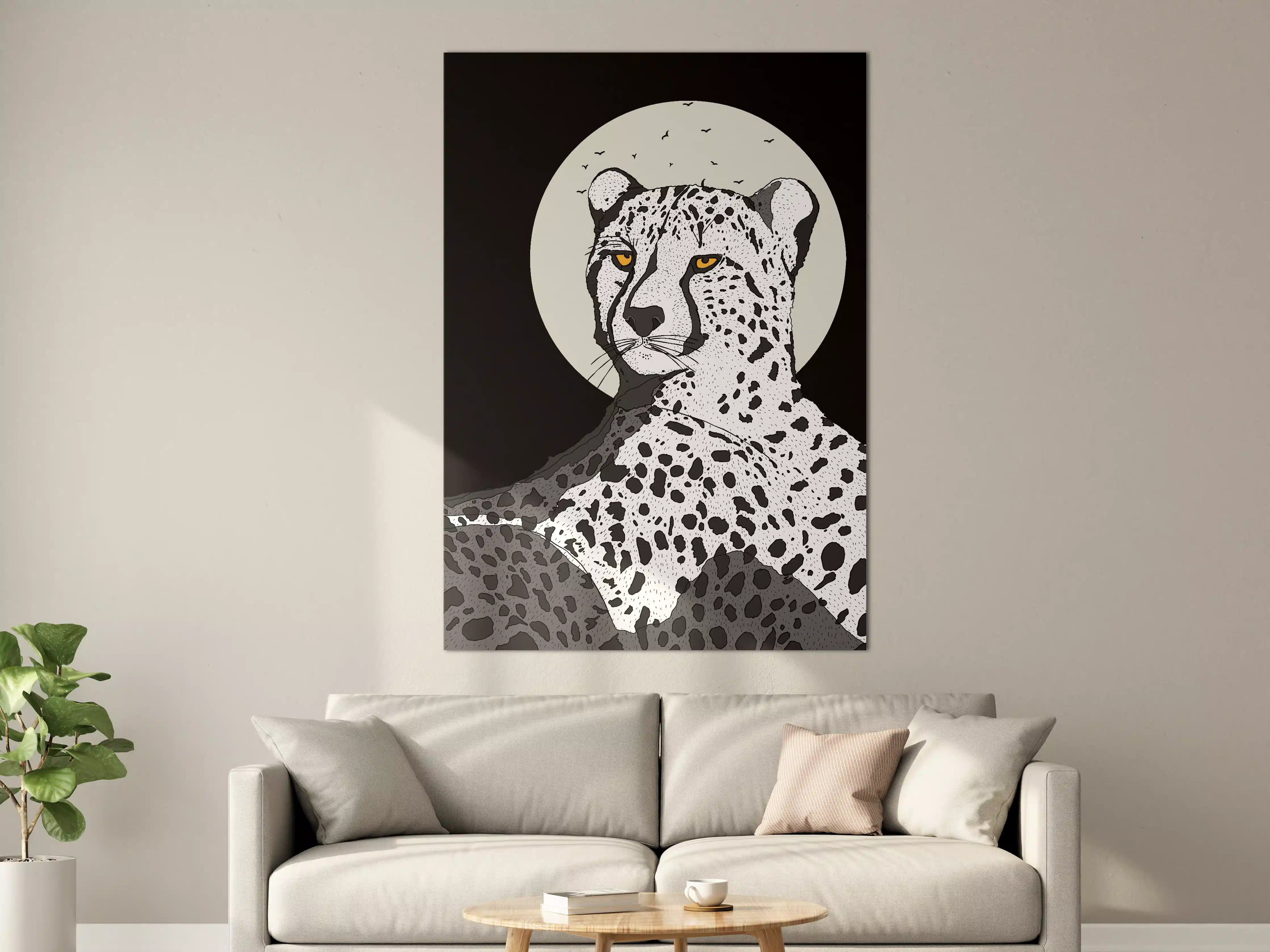 Große Wandbilder - Leopard vor Mond auf dunklem Hintergrund