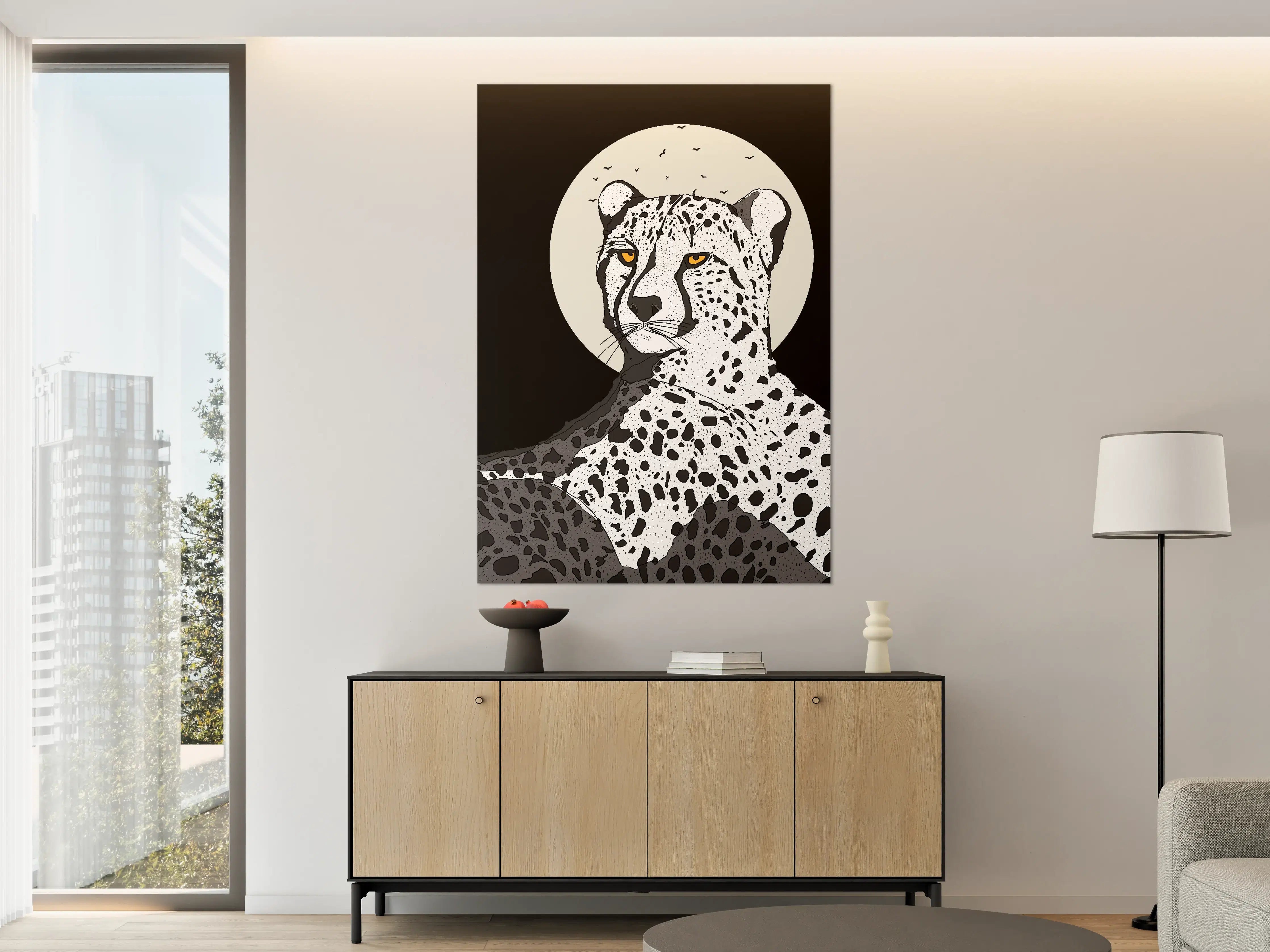 Große Wandbilder - Leopard vor Mond auf dunklem Hintergrund