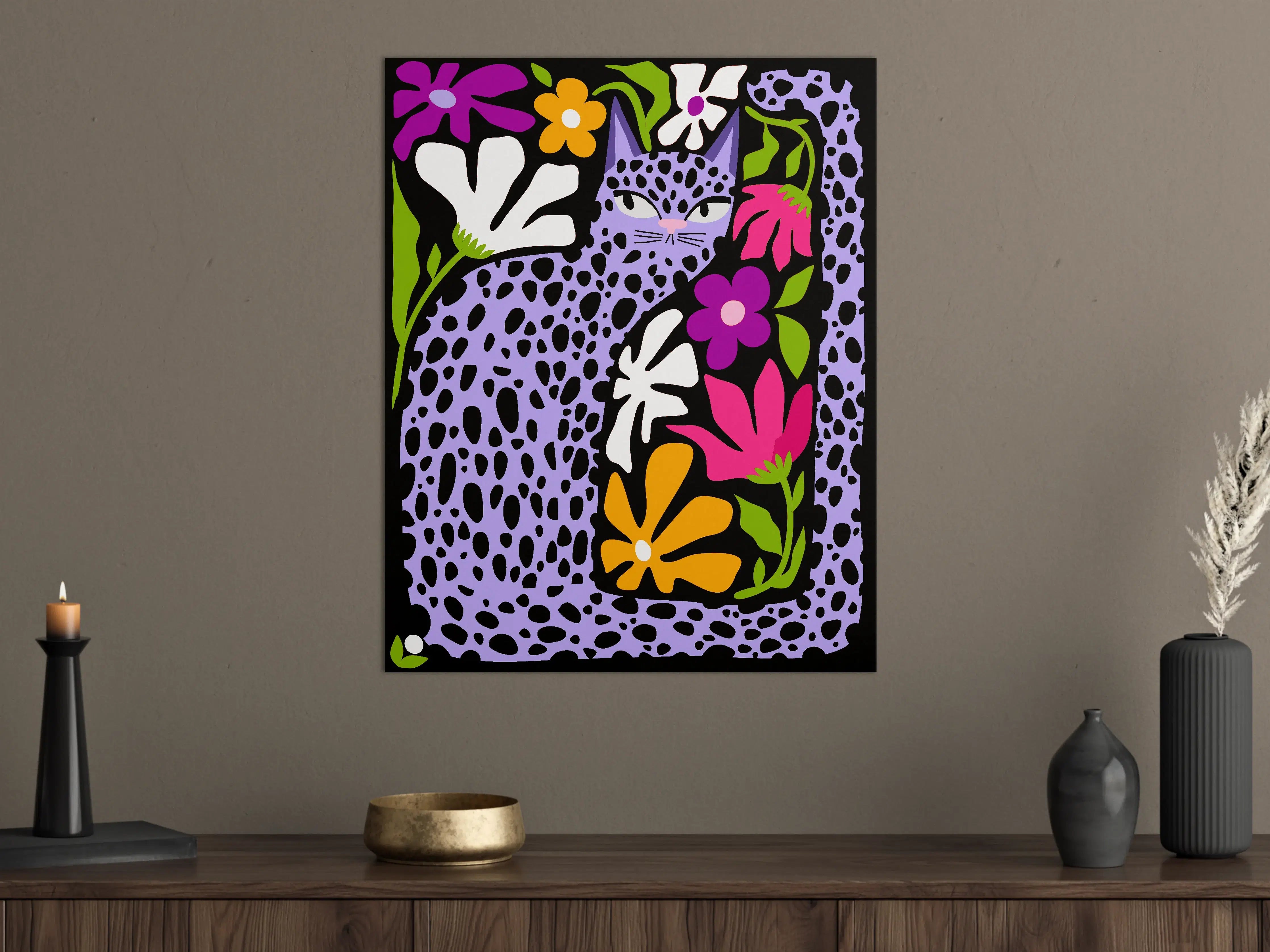 Große Wandbilder - Leopardenkatze mit bunten Blumen