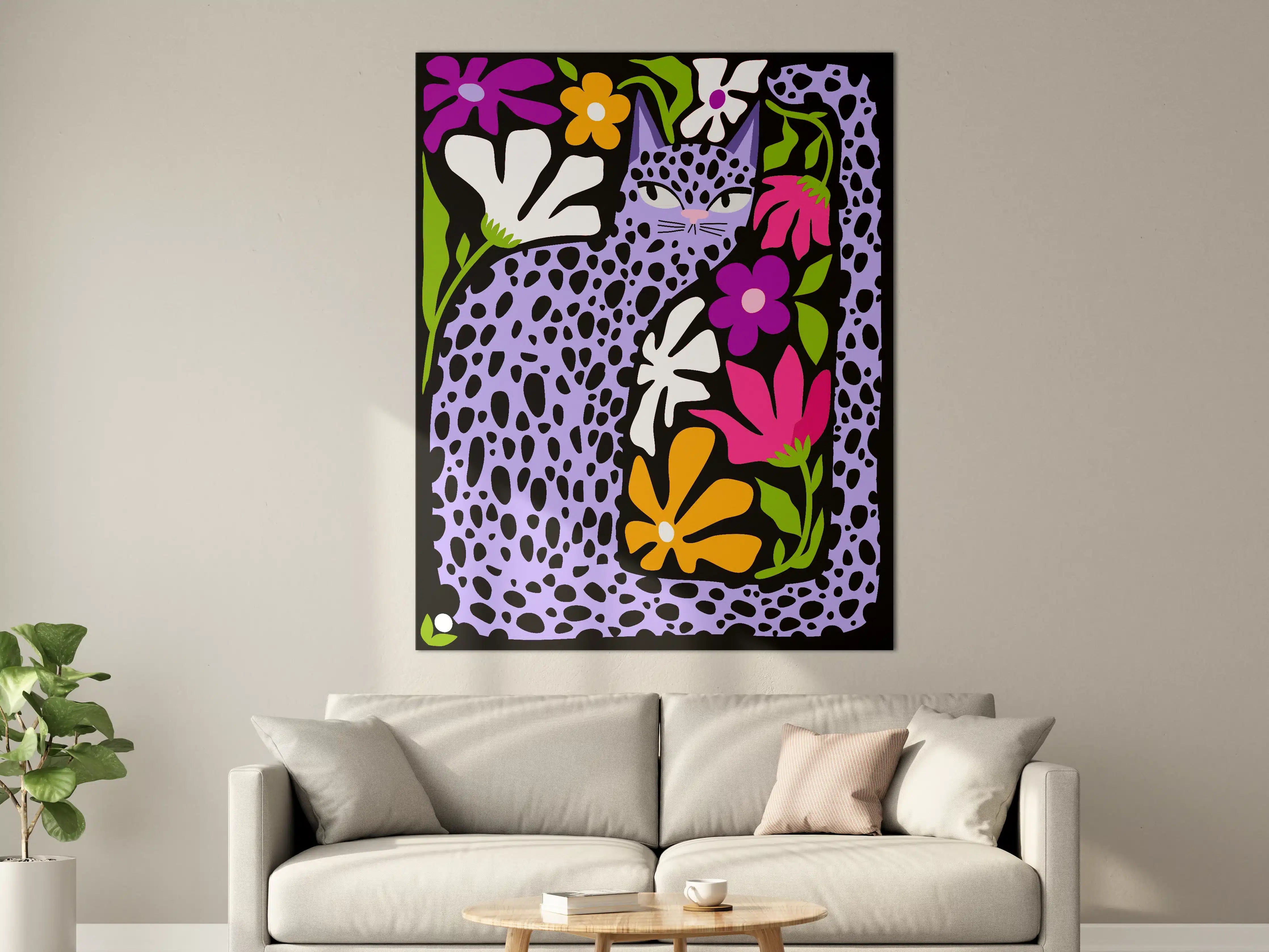 Große Wandbilder - Leopardenkatze mit bunten Blumen