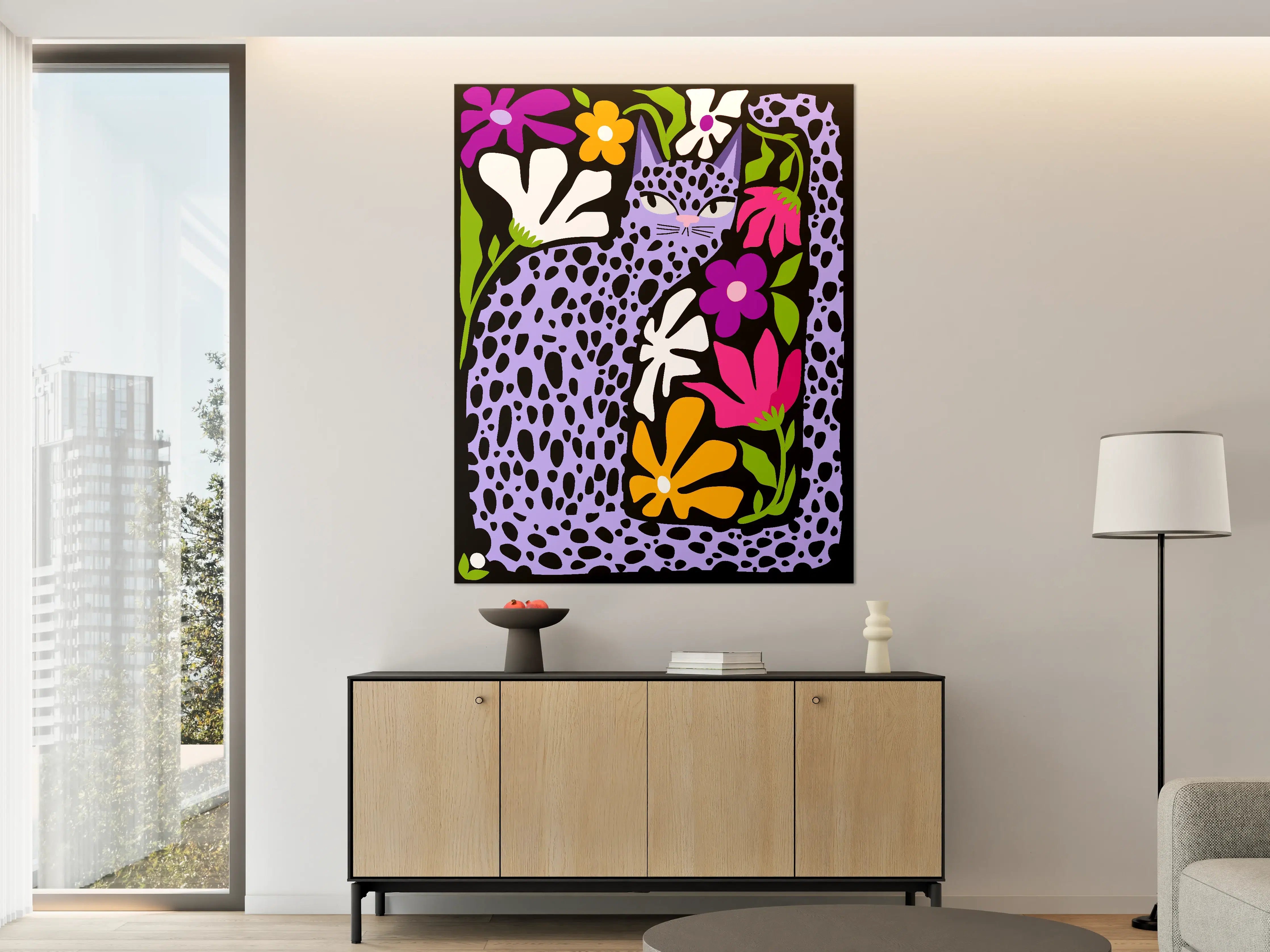 Große Wandbilder - Leopardenkatze mit bunten Blumen