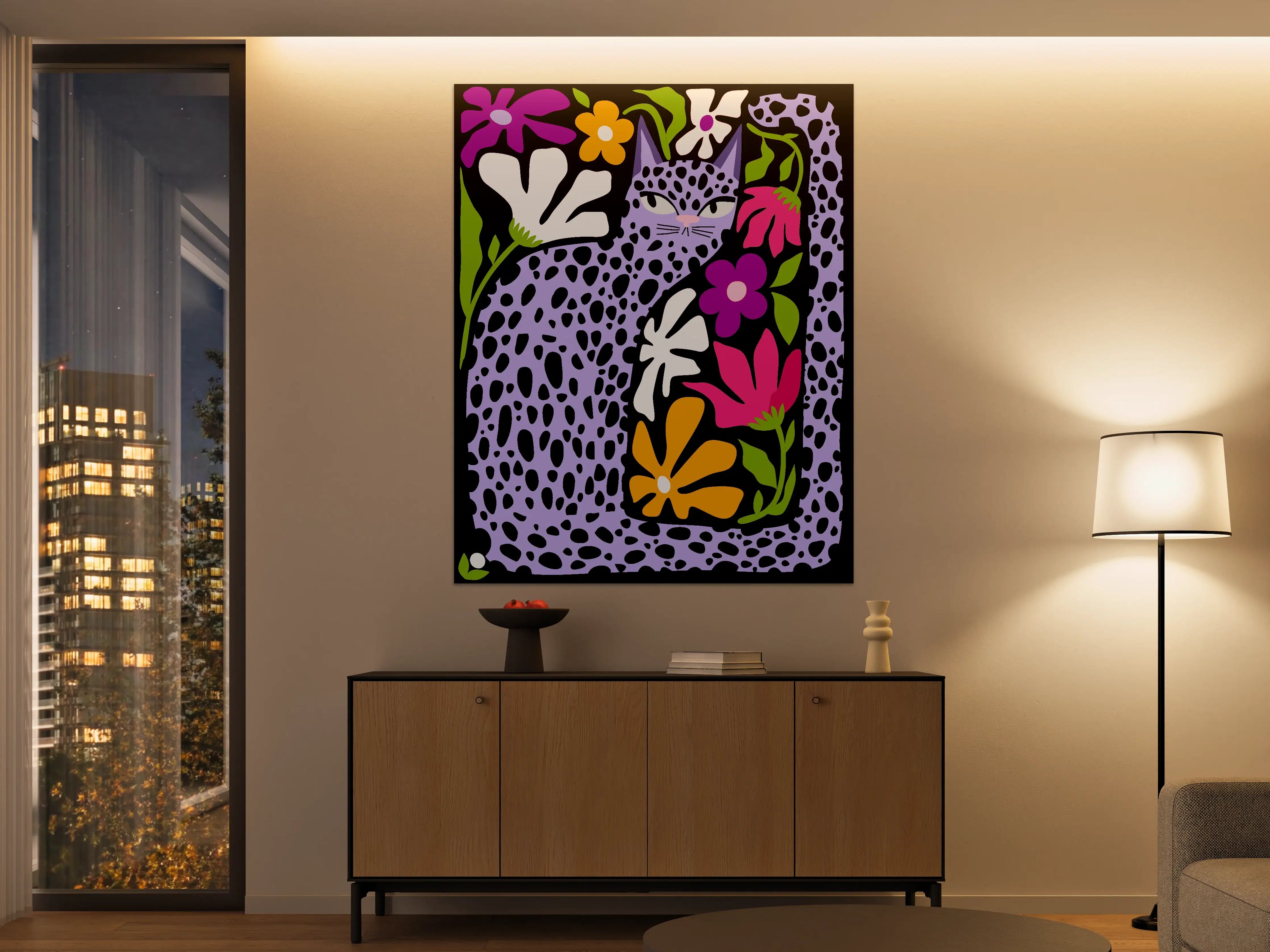 Große Wandbilder - Leopardenkatze mit bunten Blumen