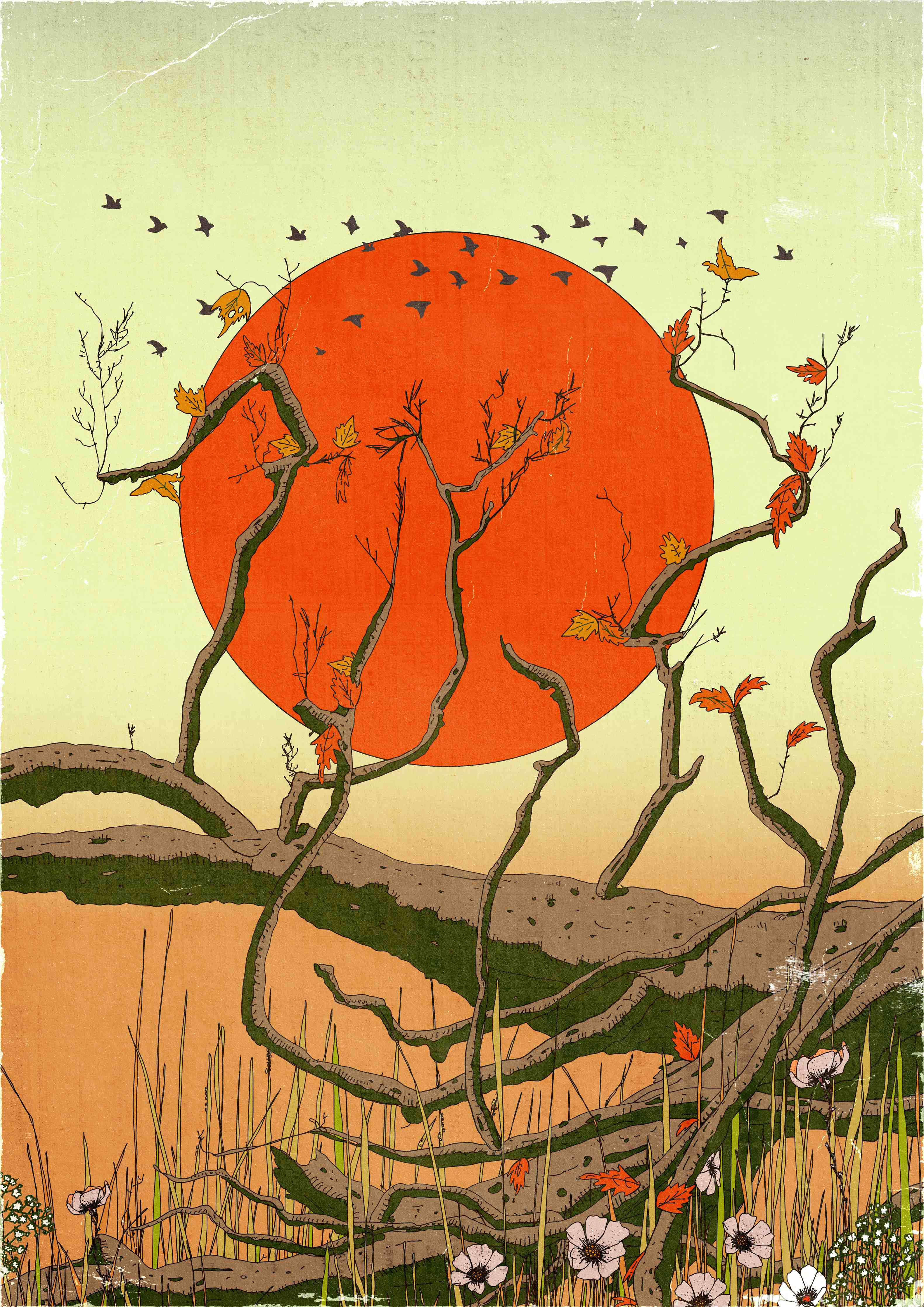 Große Wandbilder-Leuchtend orange Sonne über stilisierten Baumzweigen