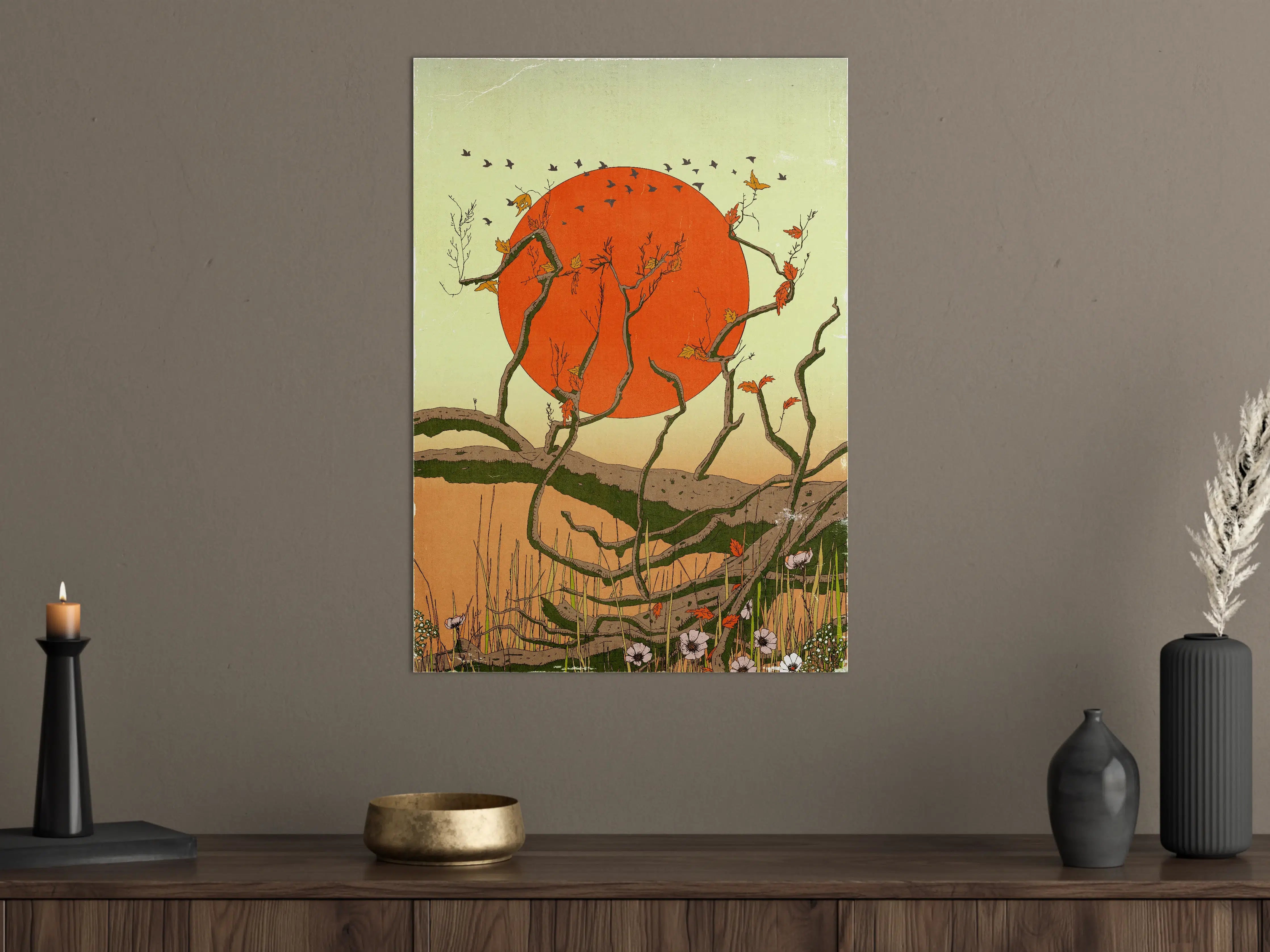 Große Wandbilder - Leuchtend orange Sonne über stilisierten Baumzweigen