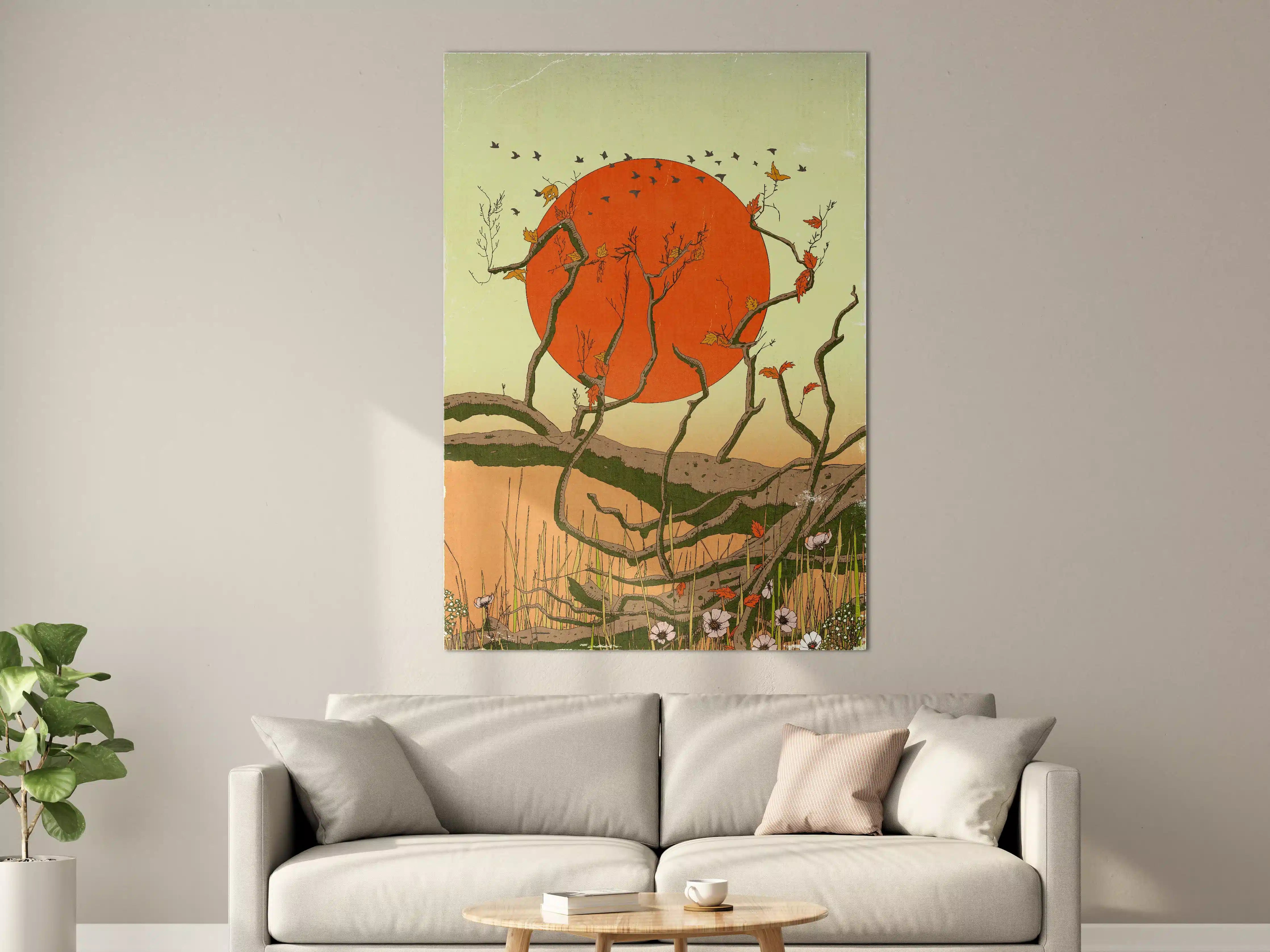 Große Wandbilder - Leuchtend orange Sonne über stilisierten Baumzweigen