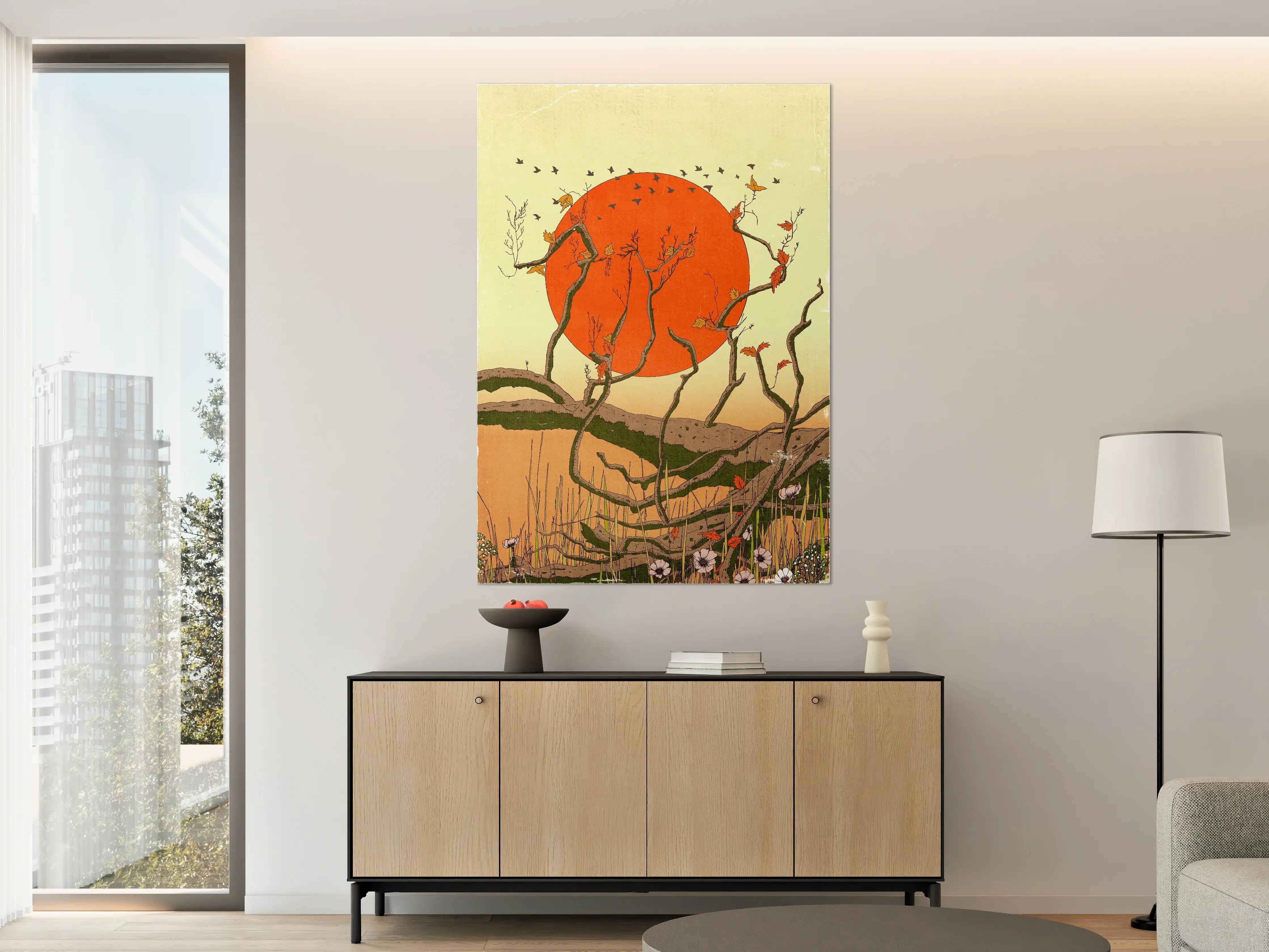 Große Wandbilder - Leuchtend orange Sonne über stilisierten Baumzweigen