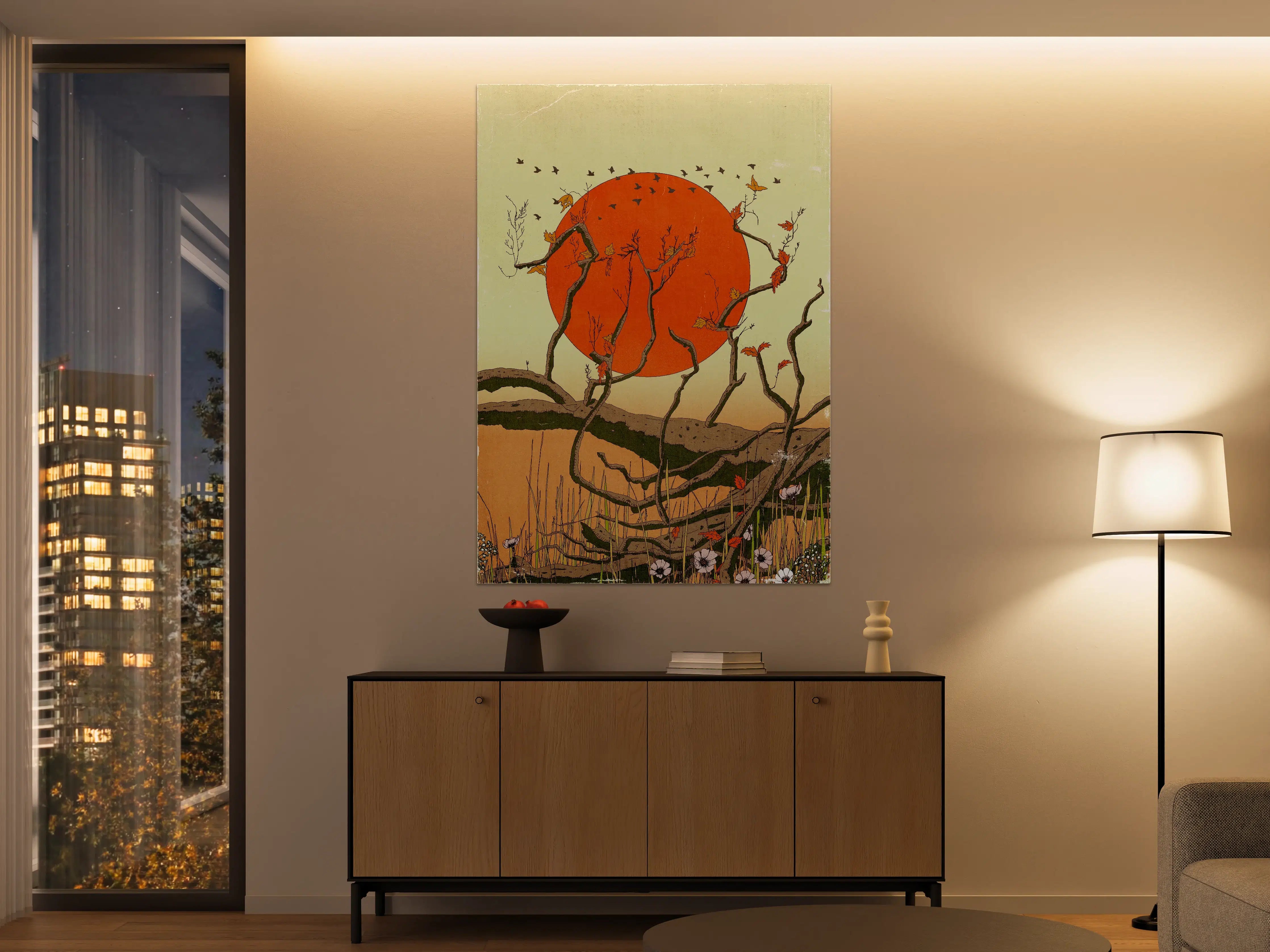 Große Wandbilder - Leuchtend orange Sonne über stilisierten Baumzweigen