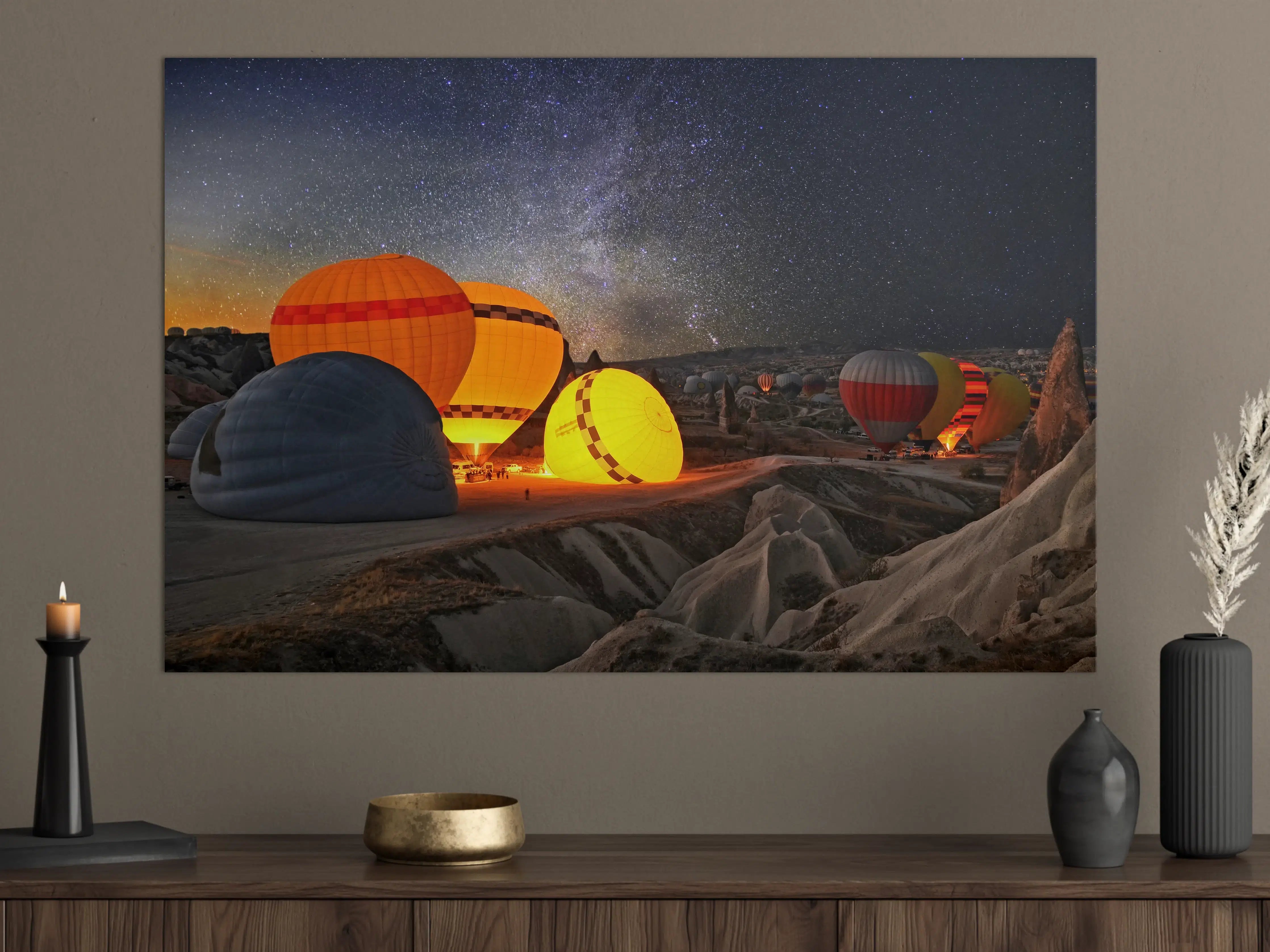 Große Wandbilder - Leuchtende Heißluftballons bei Nacht unter Sternenhimmel