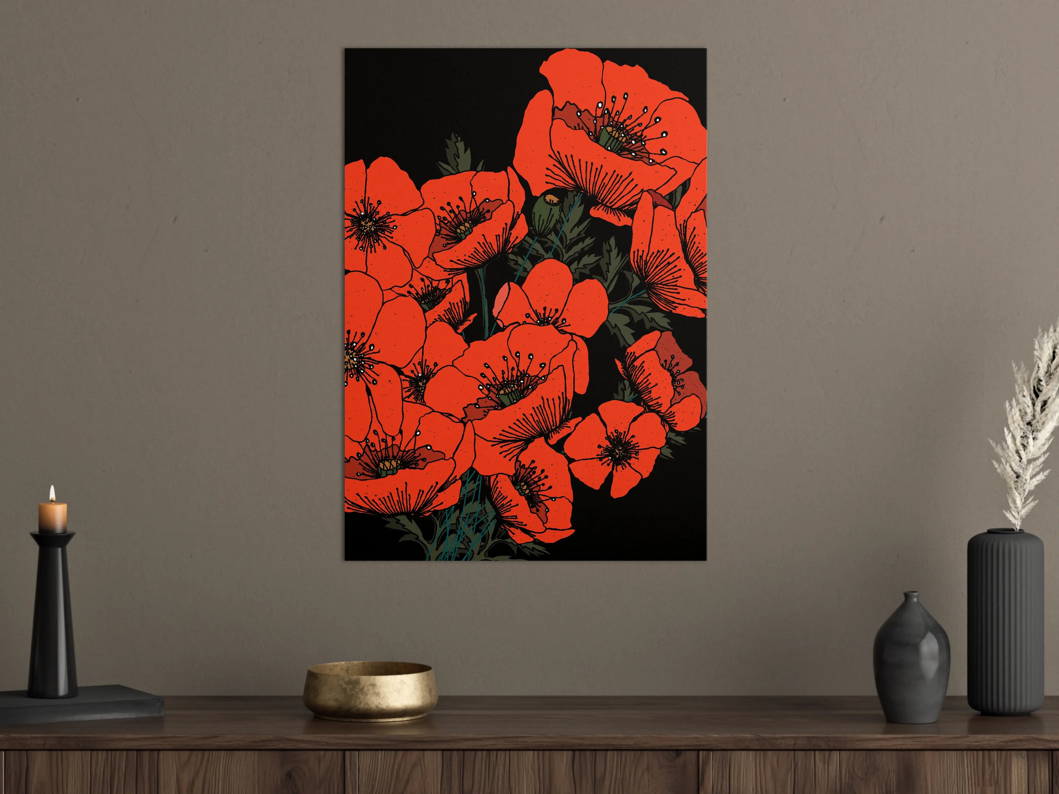 Große Wandbilder - Leuchtende Mohnblumen auf schwarzem Hintergrund
