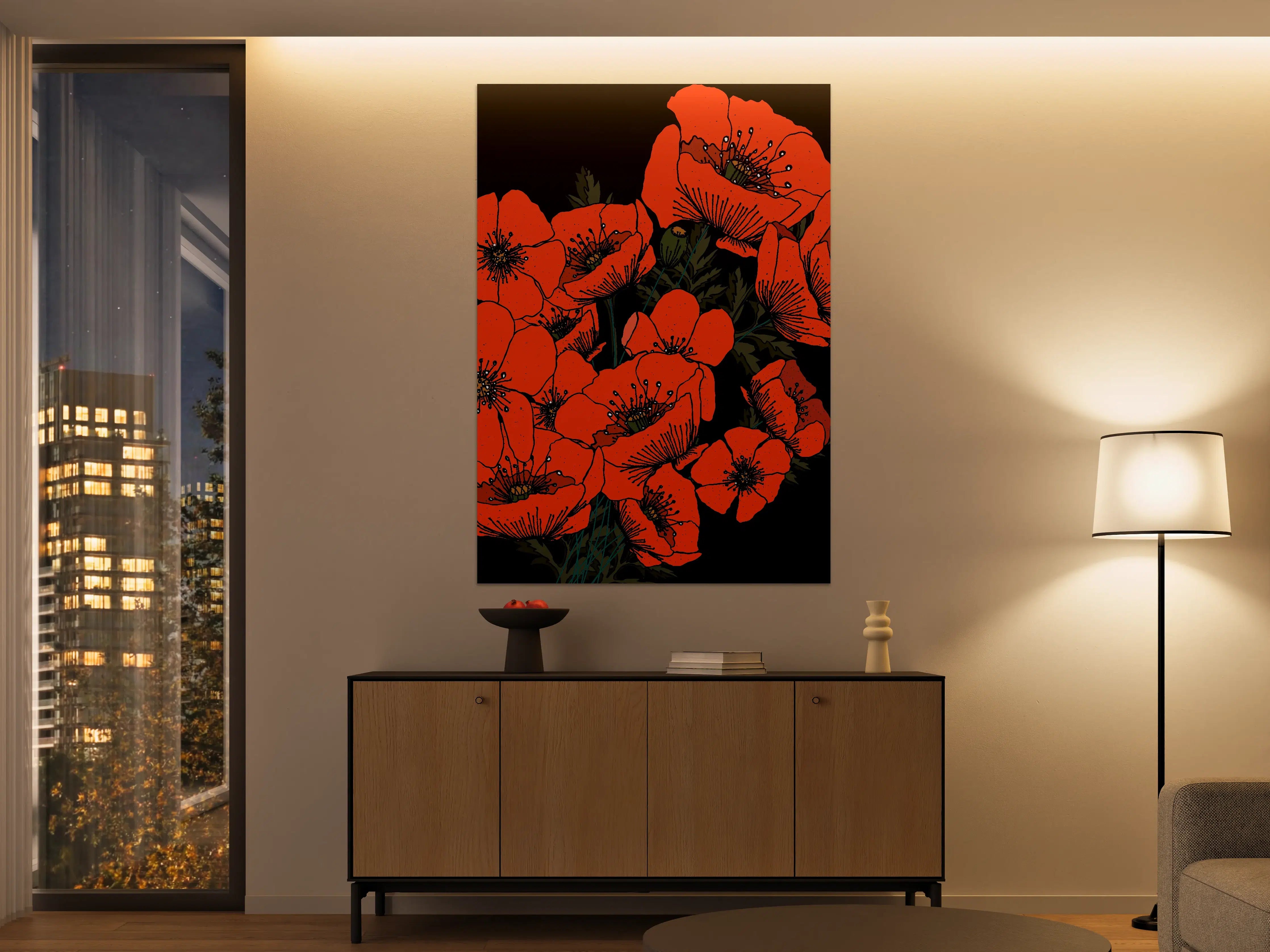 Große Wandbilder - Leuchtende Mohnblumen auf schwarzem Hintergrund