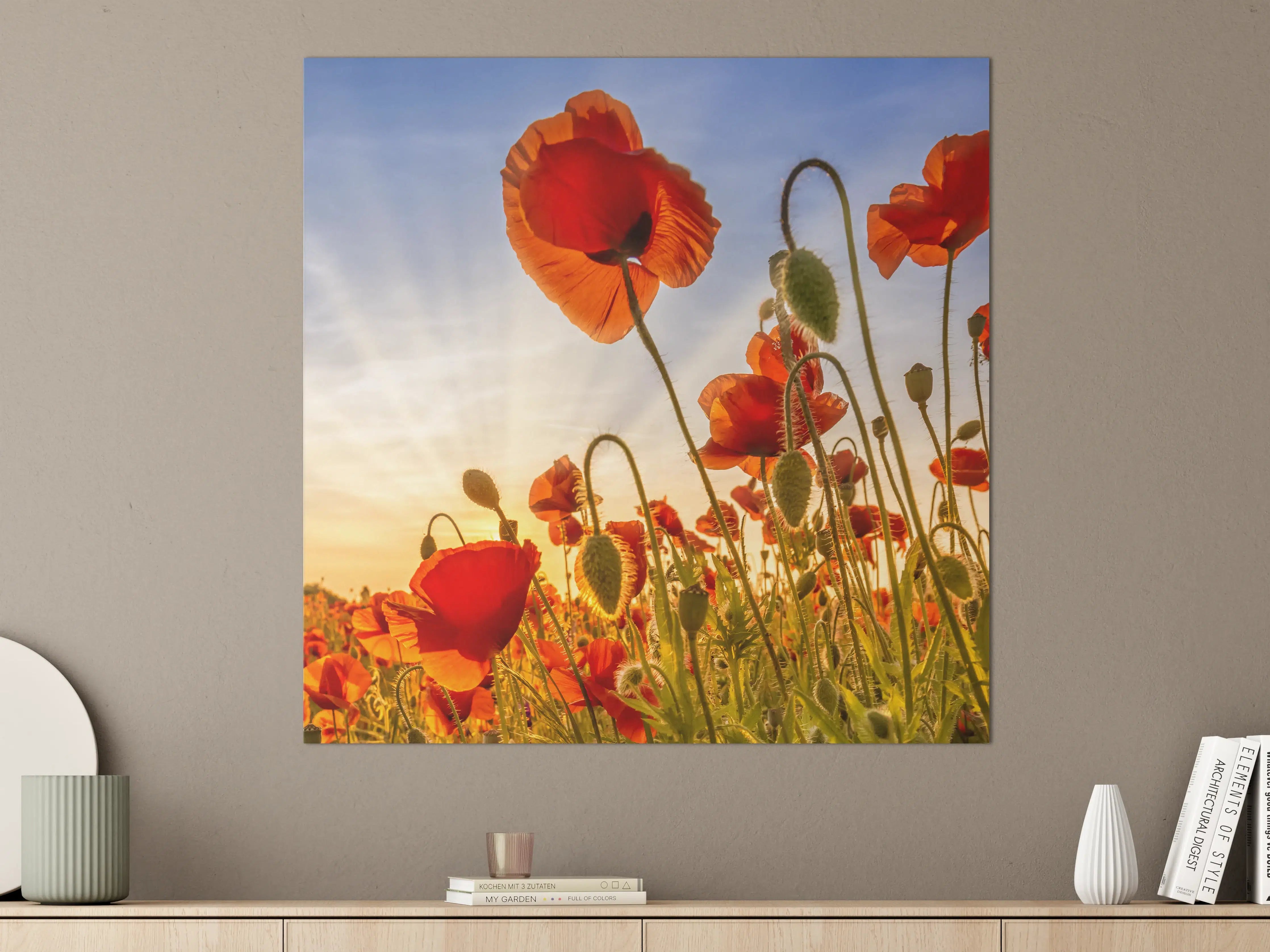 Große Wandbilder - Leuchtende Mohnblumen im Sonnenaufgang