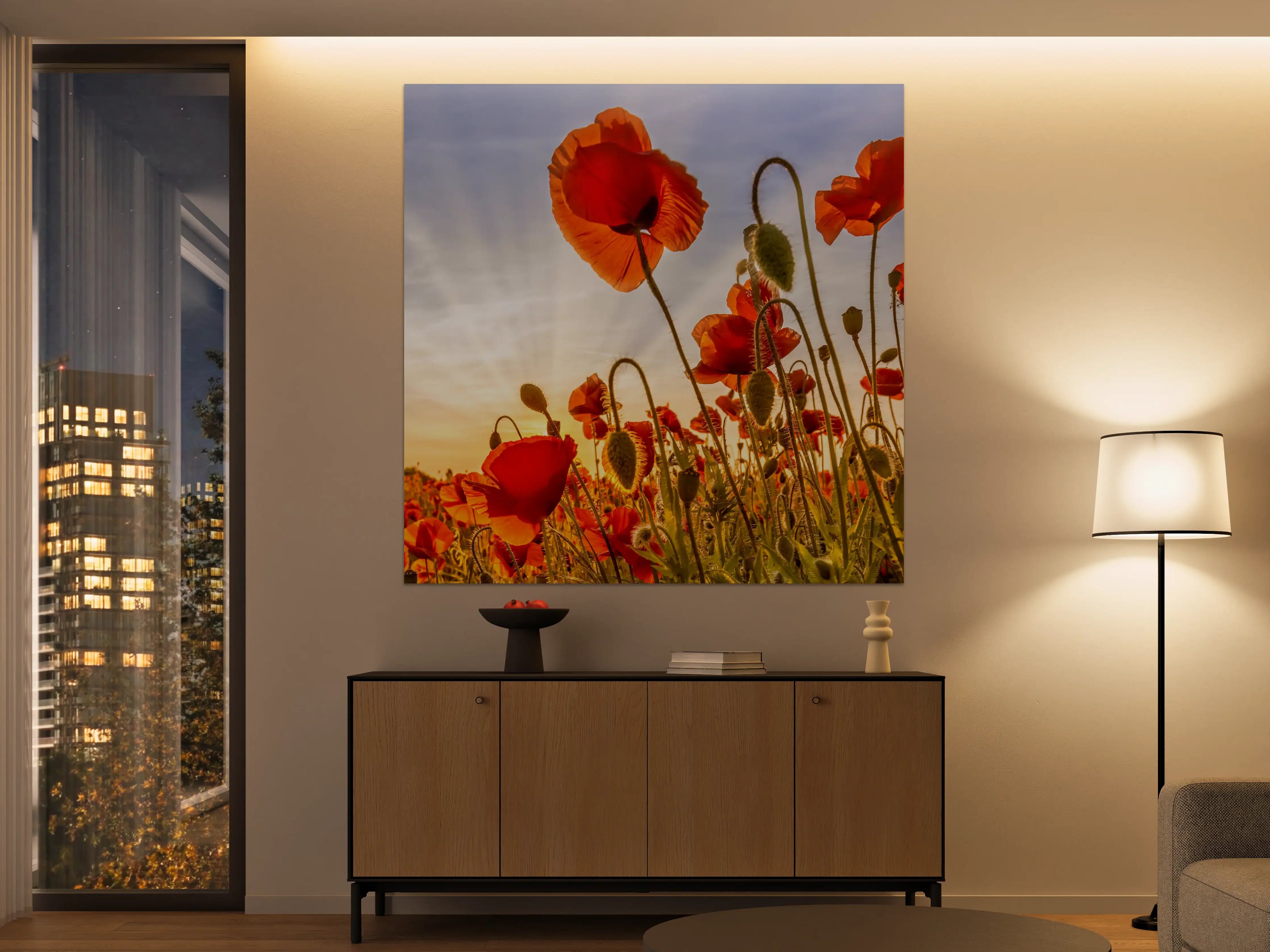 Große Wandbilder - Leuchtende Mohnblumen im Sonnenaufgang