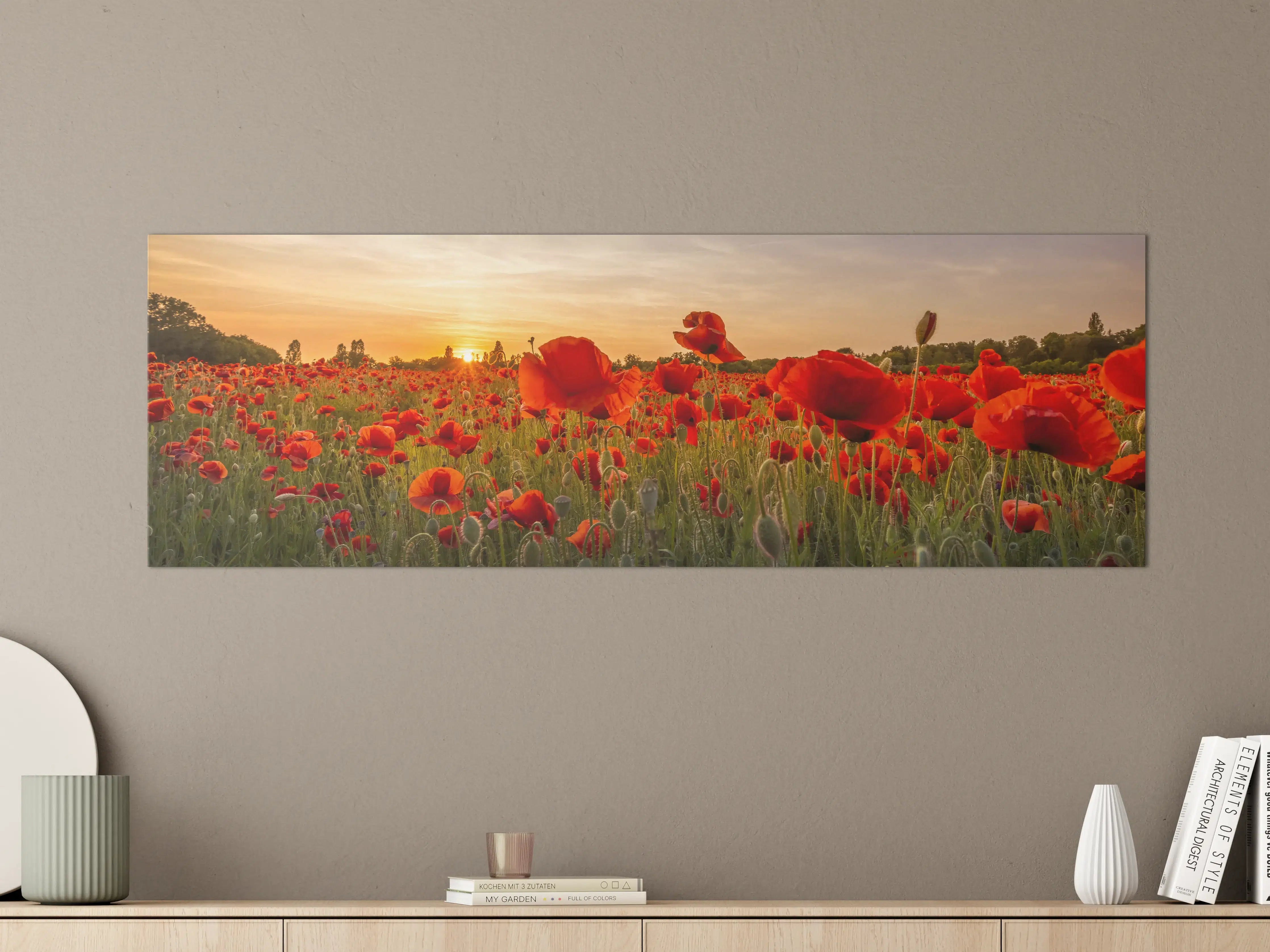 Große Wandbilder - Leuchtende Mohnblumen im Sonnenuntergang