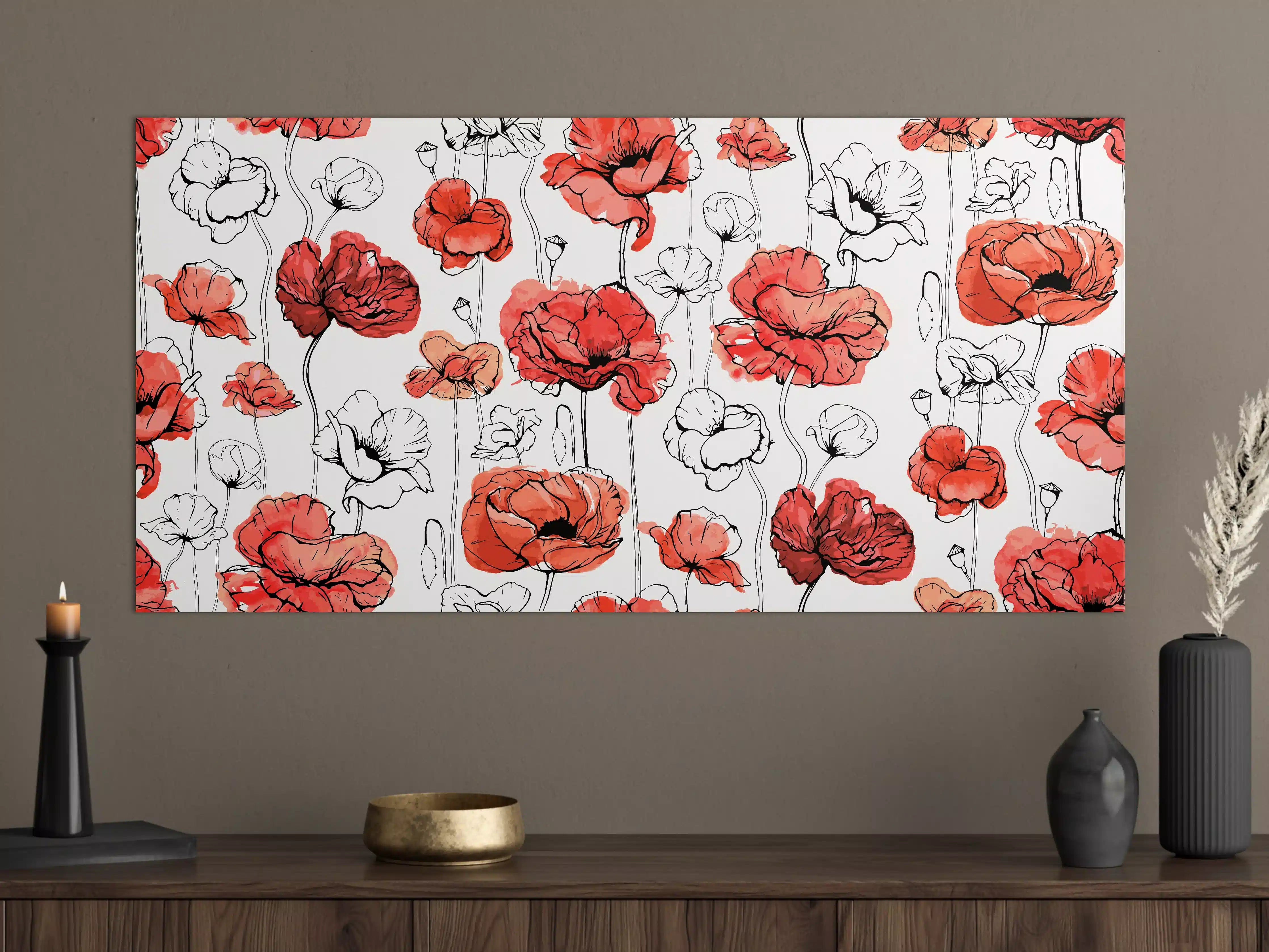 Große Wandbilder - Leuchtende Mohnblumen in Rot, Weiß und Grau