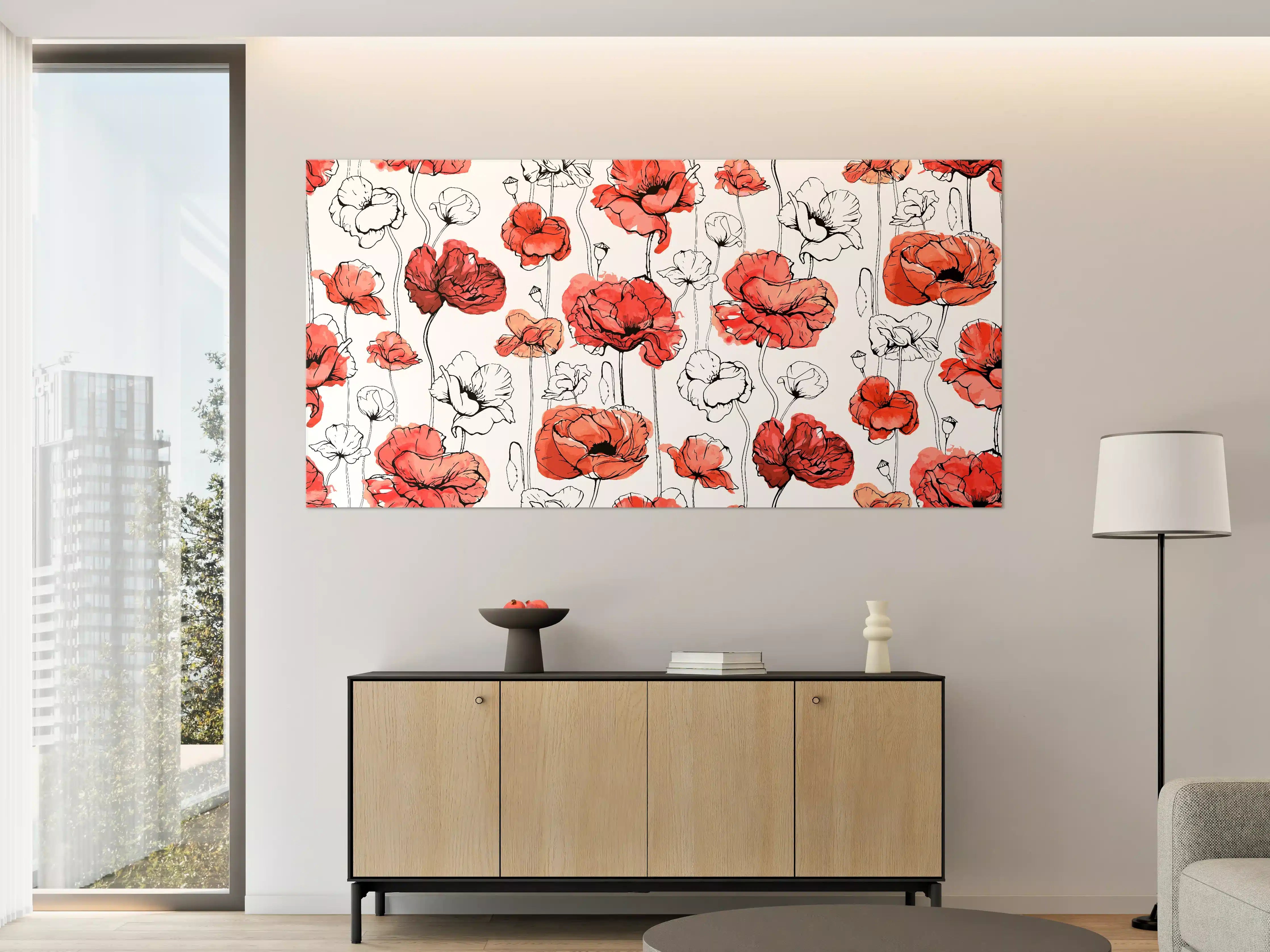 Große Wandbilder - Leuchtende Mohnblumen in Rot, Weiß und Grau