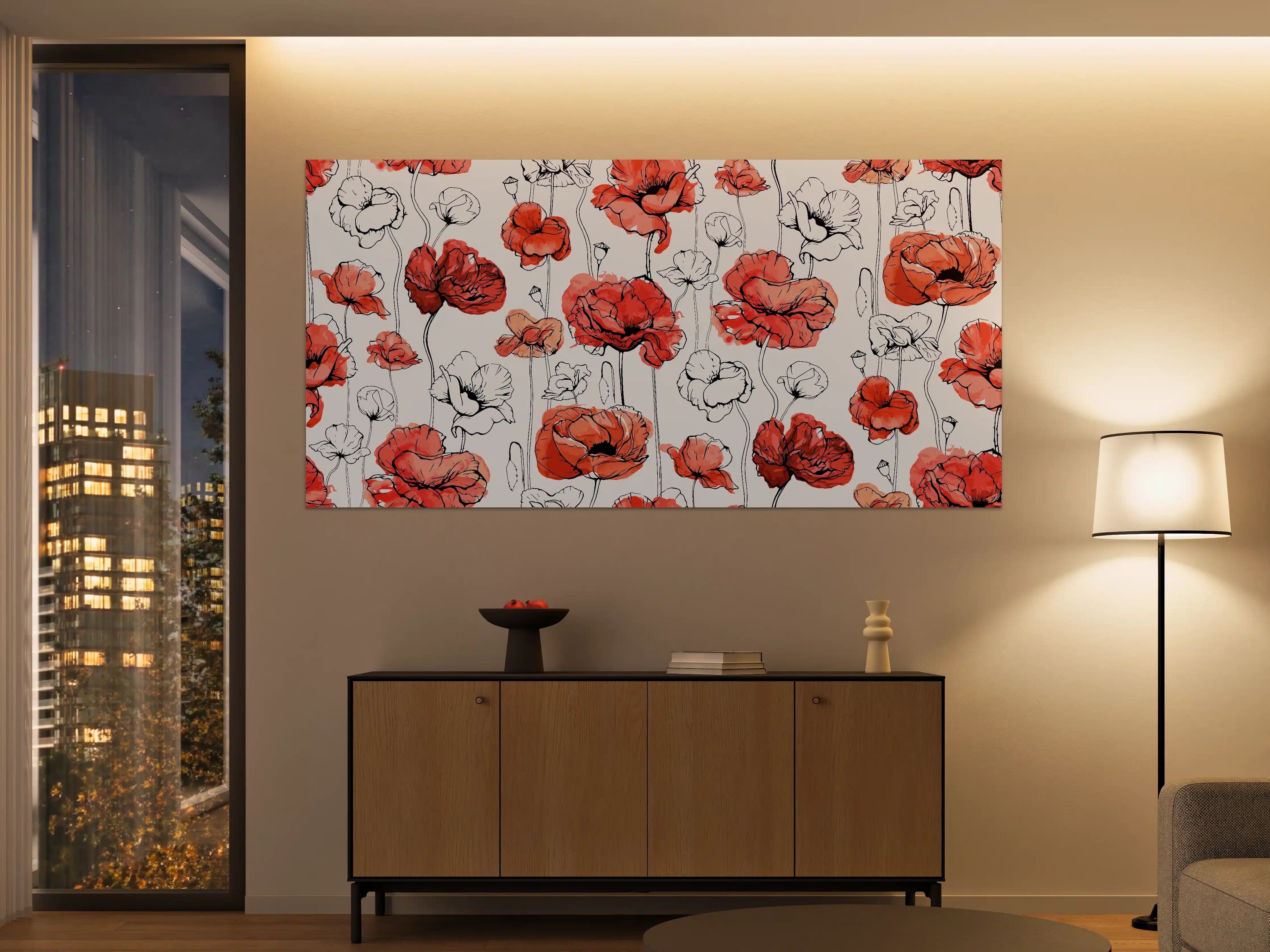 Große Wandbilder - Leuchtende Mohnblumen in Rot, Weiß und Grau