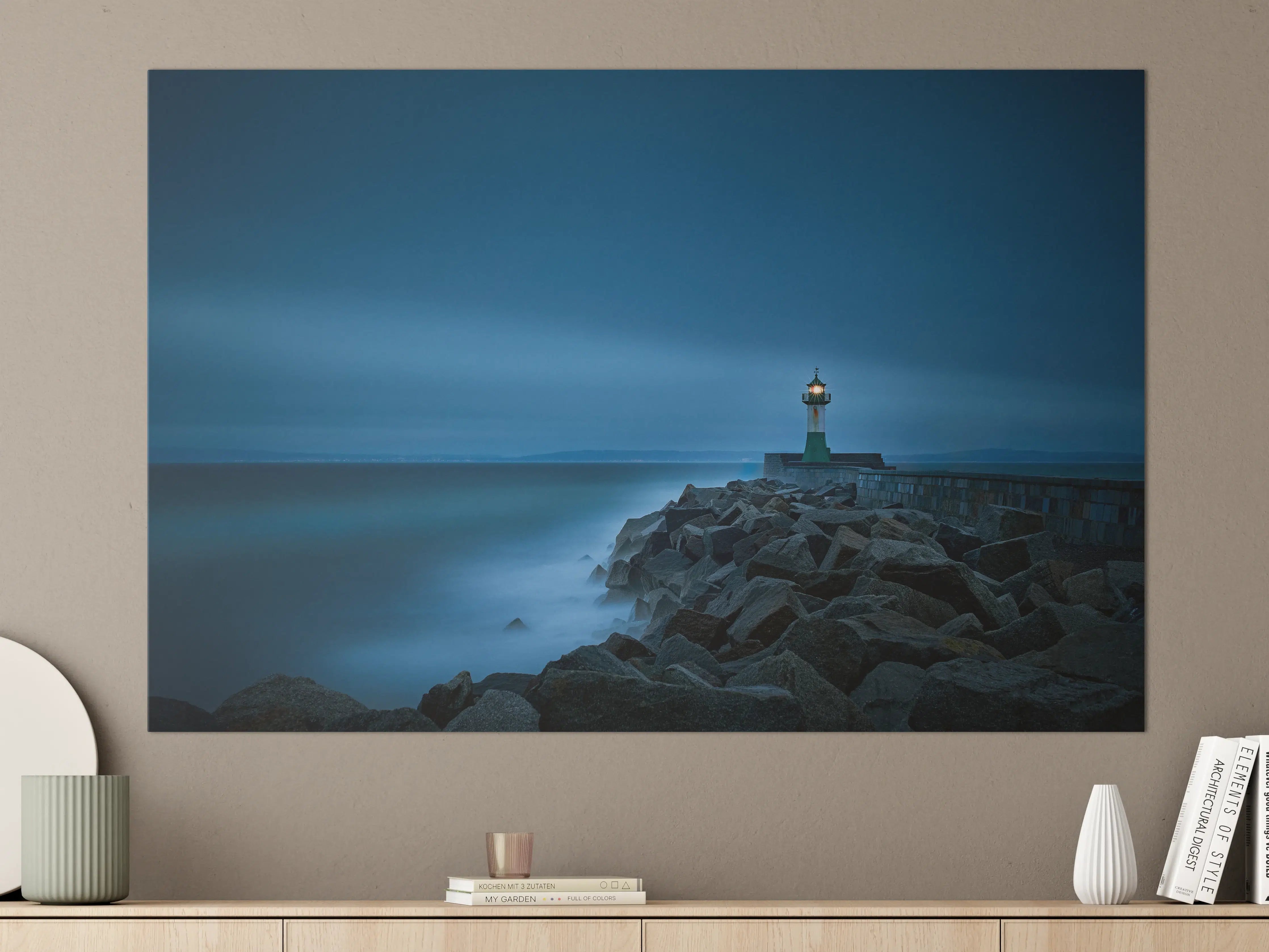 Große Wandbilder - Leuchtturm bei Nacht in Blau- und Grautönen