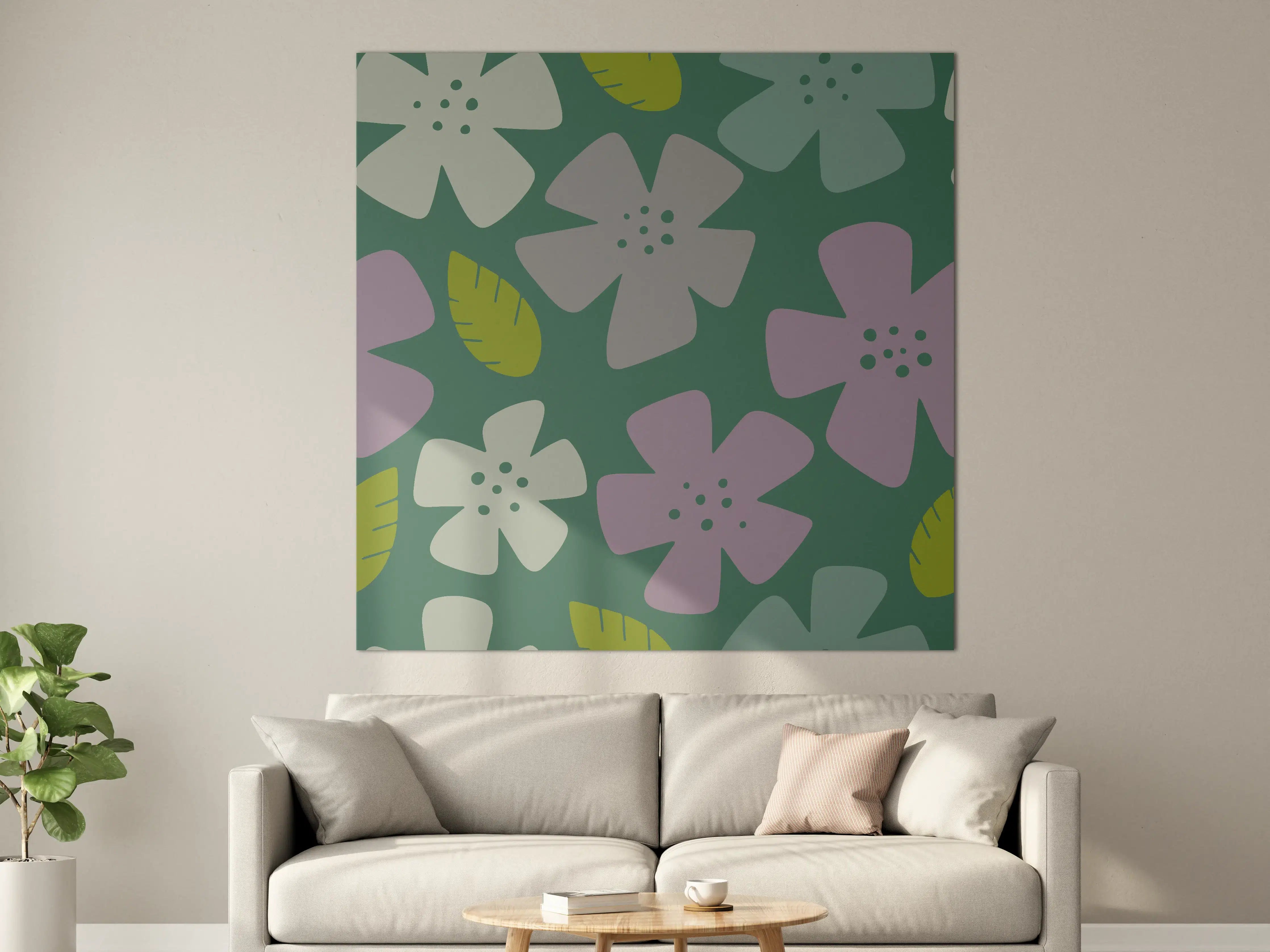 Große Wandbilder - Lila und Grün Blütendesign mit Blättern