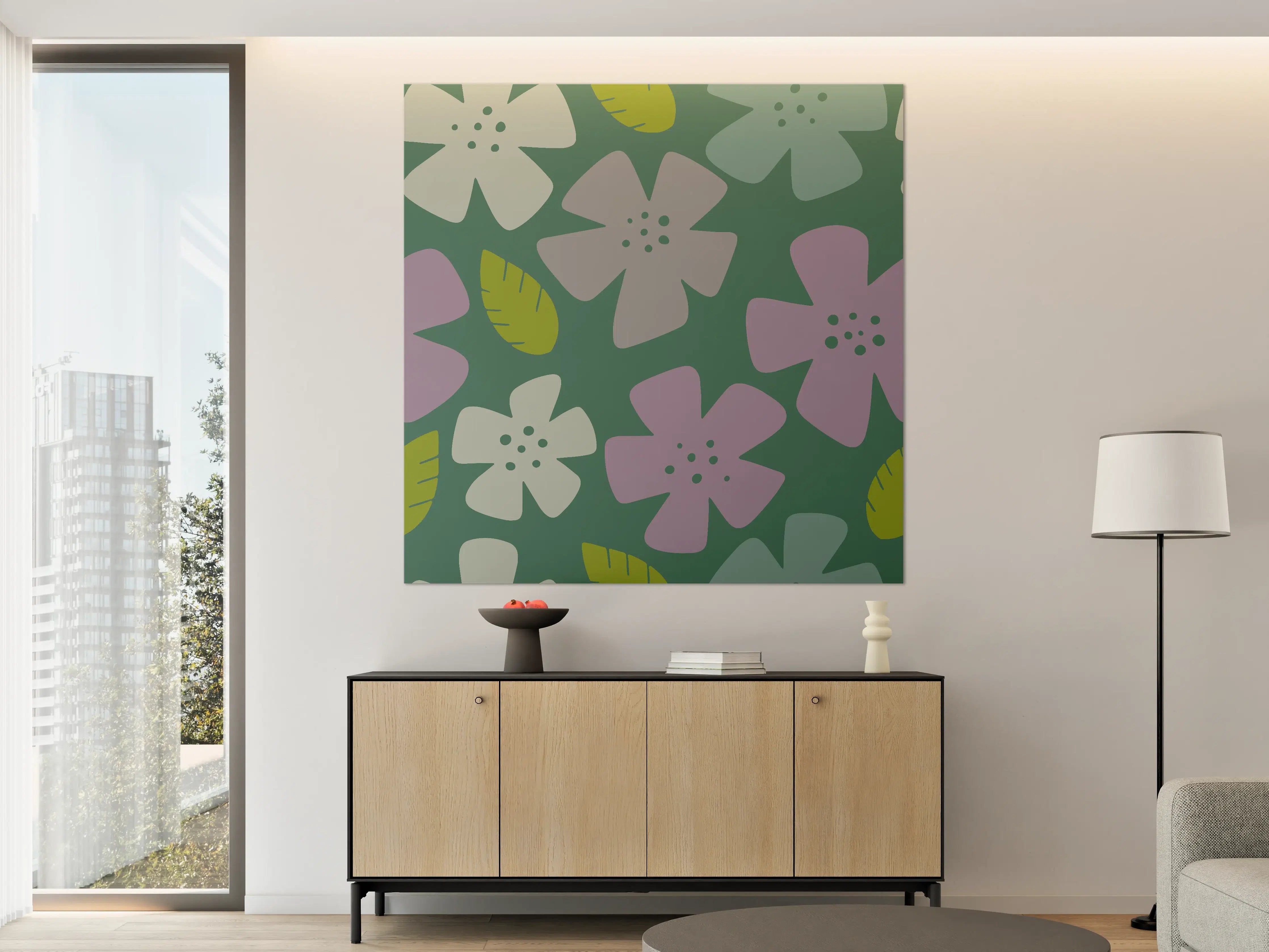 Große Wandbilder - Lila und Grün Blütendesign mit Blättern
