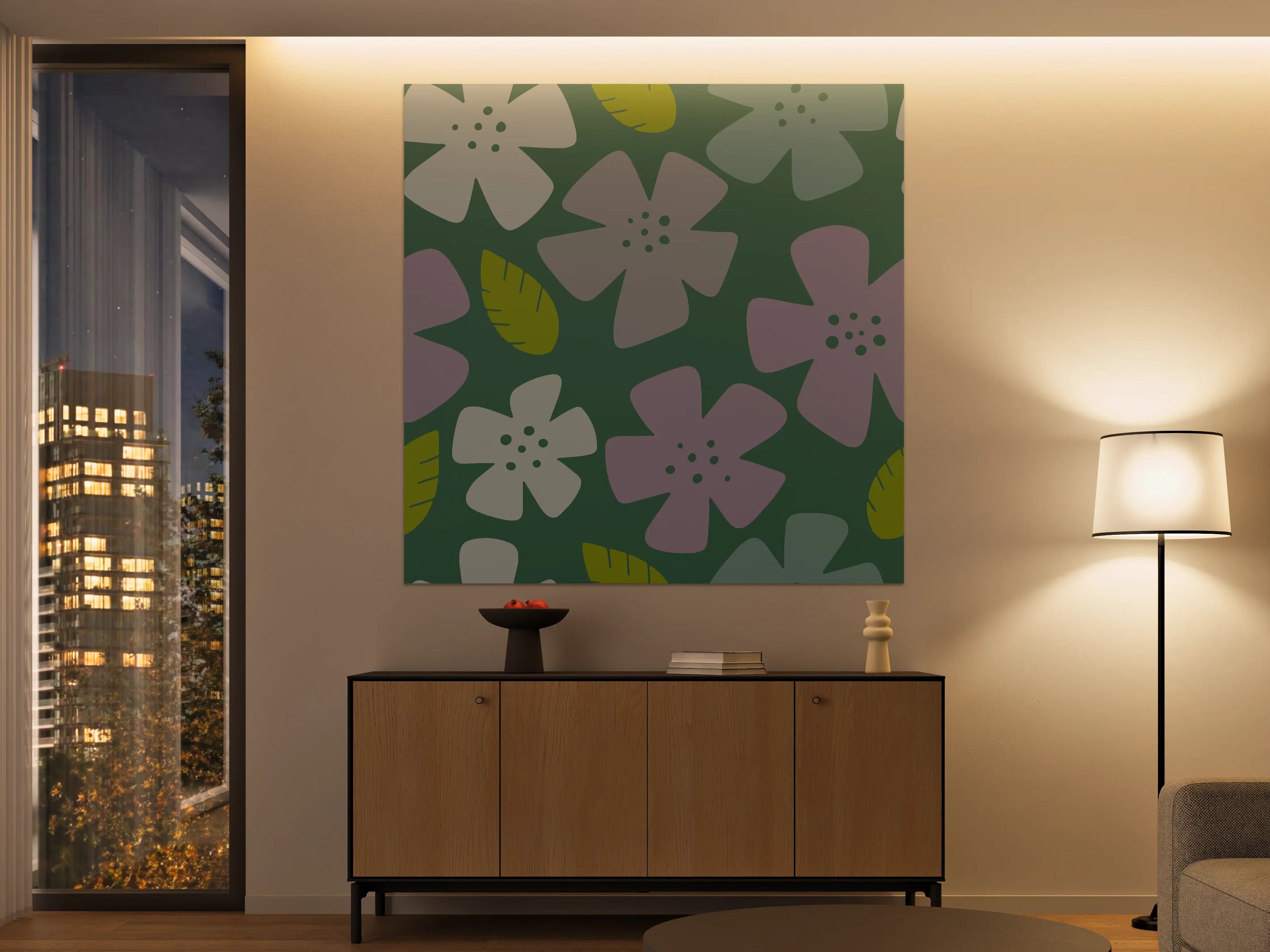 Große Wandbilder - Lila und Grün Blütendesign mit Blättern