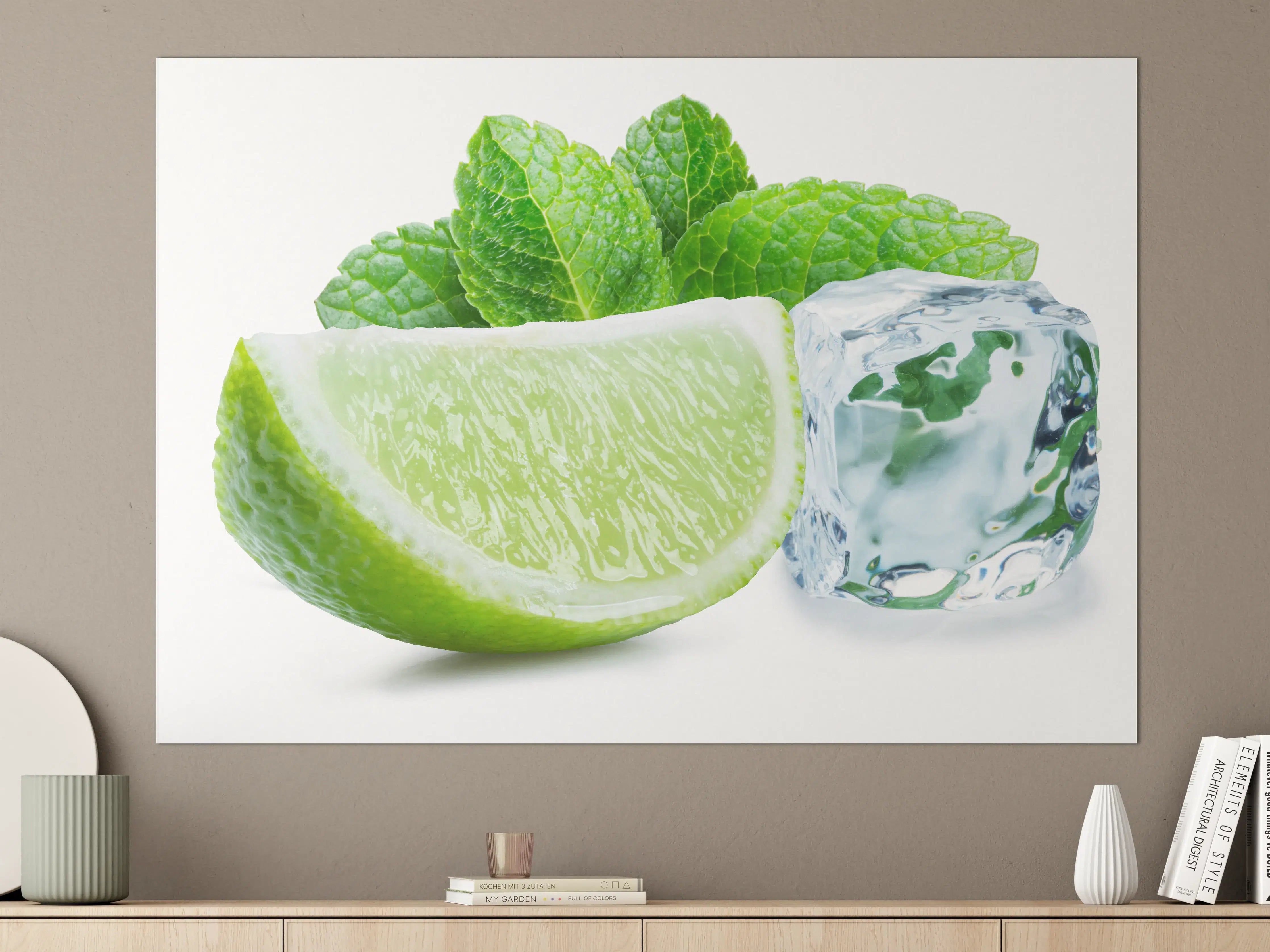 Große Wandbilder - Limettenscheibe mit Eis und Minze