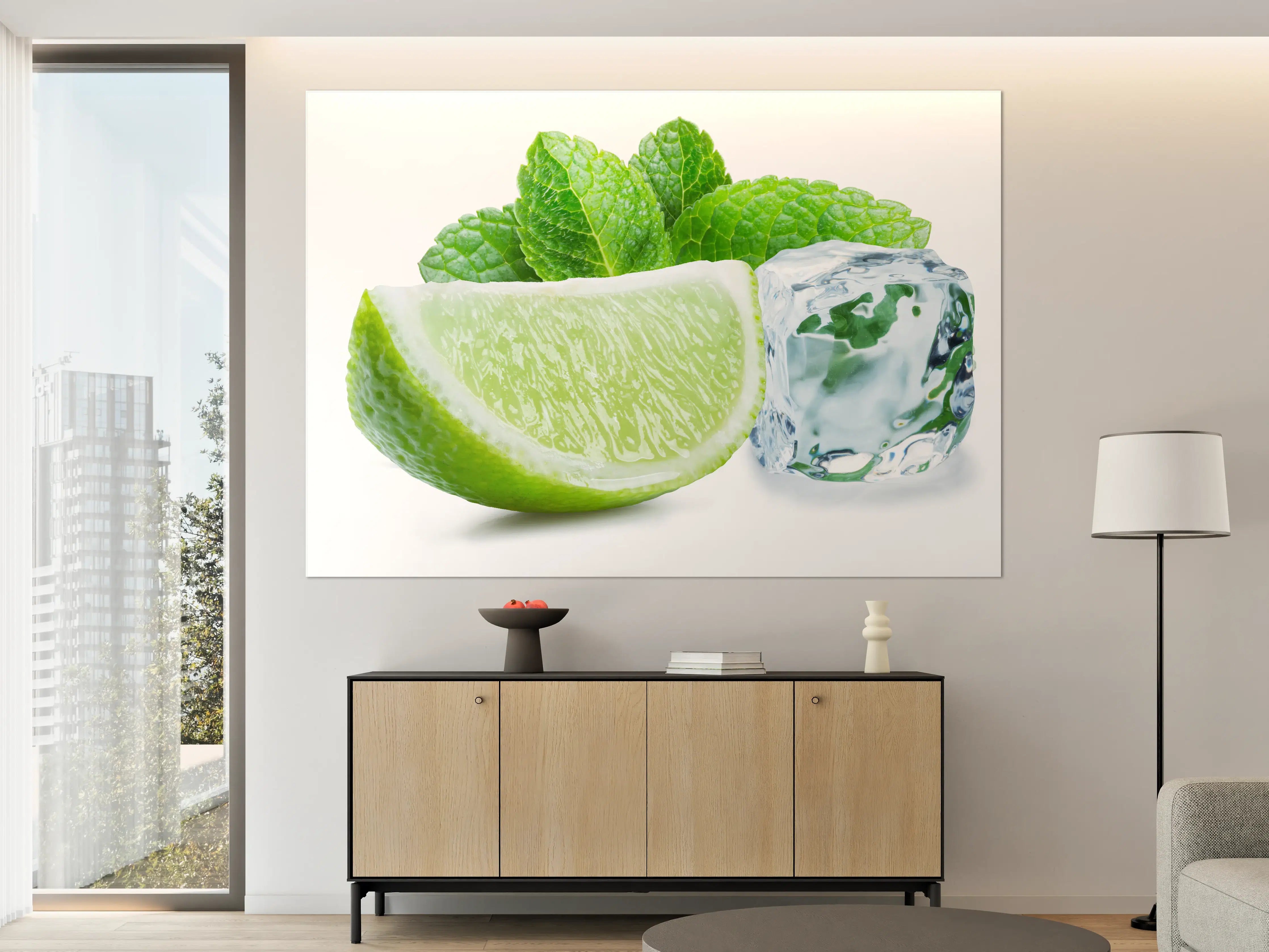 Große Wandbilder - Limettenscheibe mit Eis und Minze