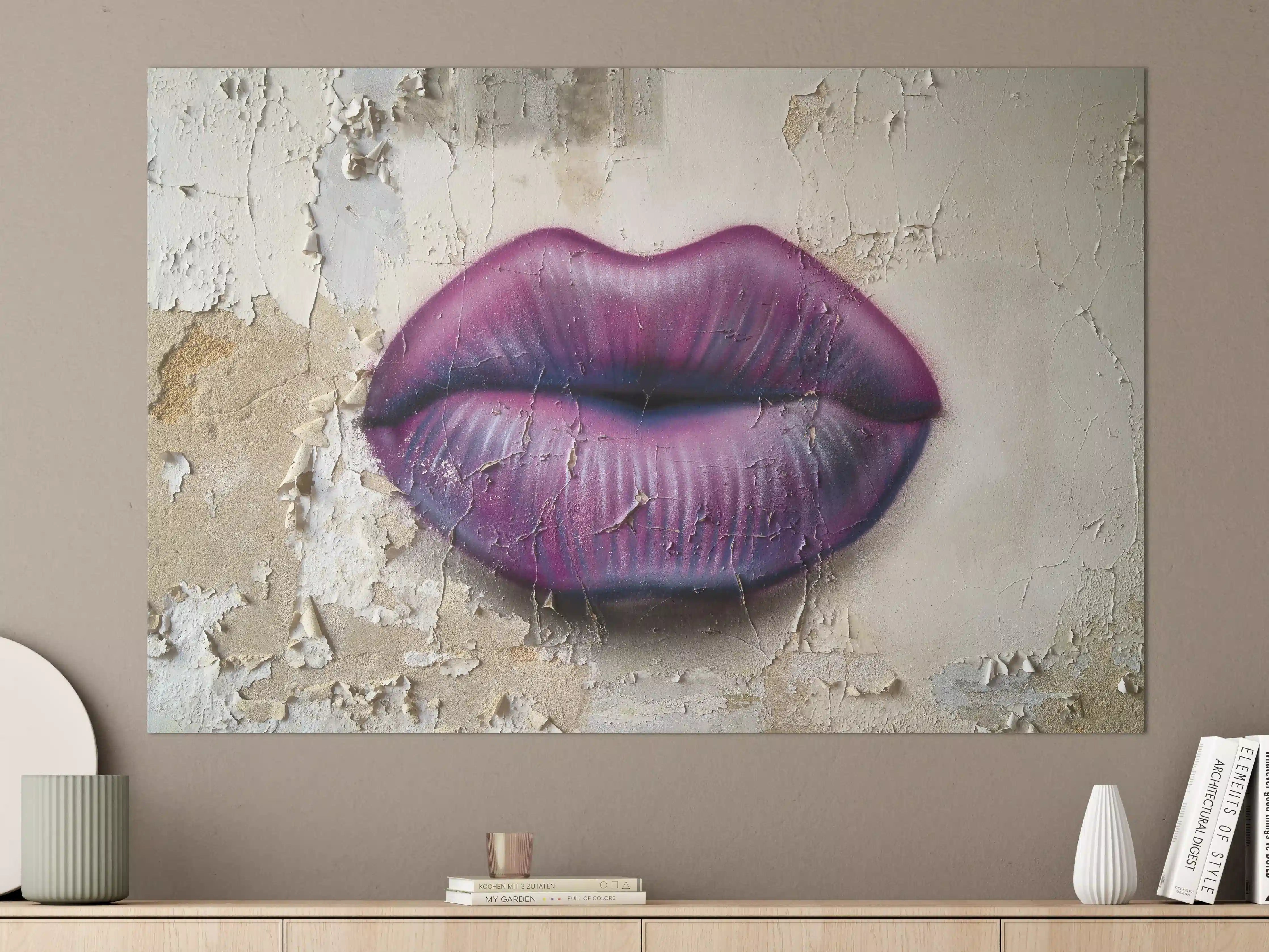 Große Wandbilder - Lippen in Violett auf altem Putzwand
