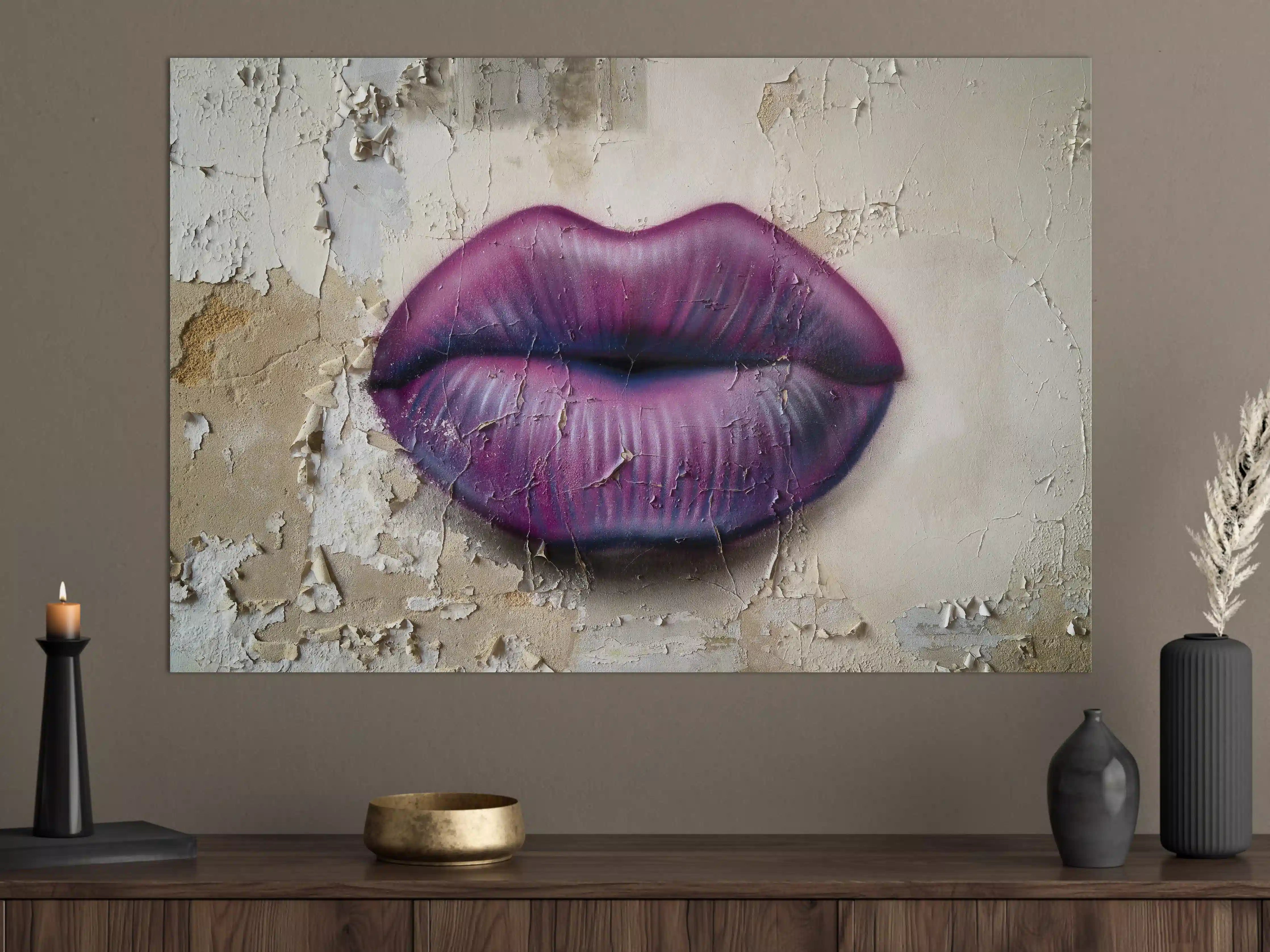 Große Wandbilder - Lippen in Violett auf altem Putzwand