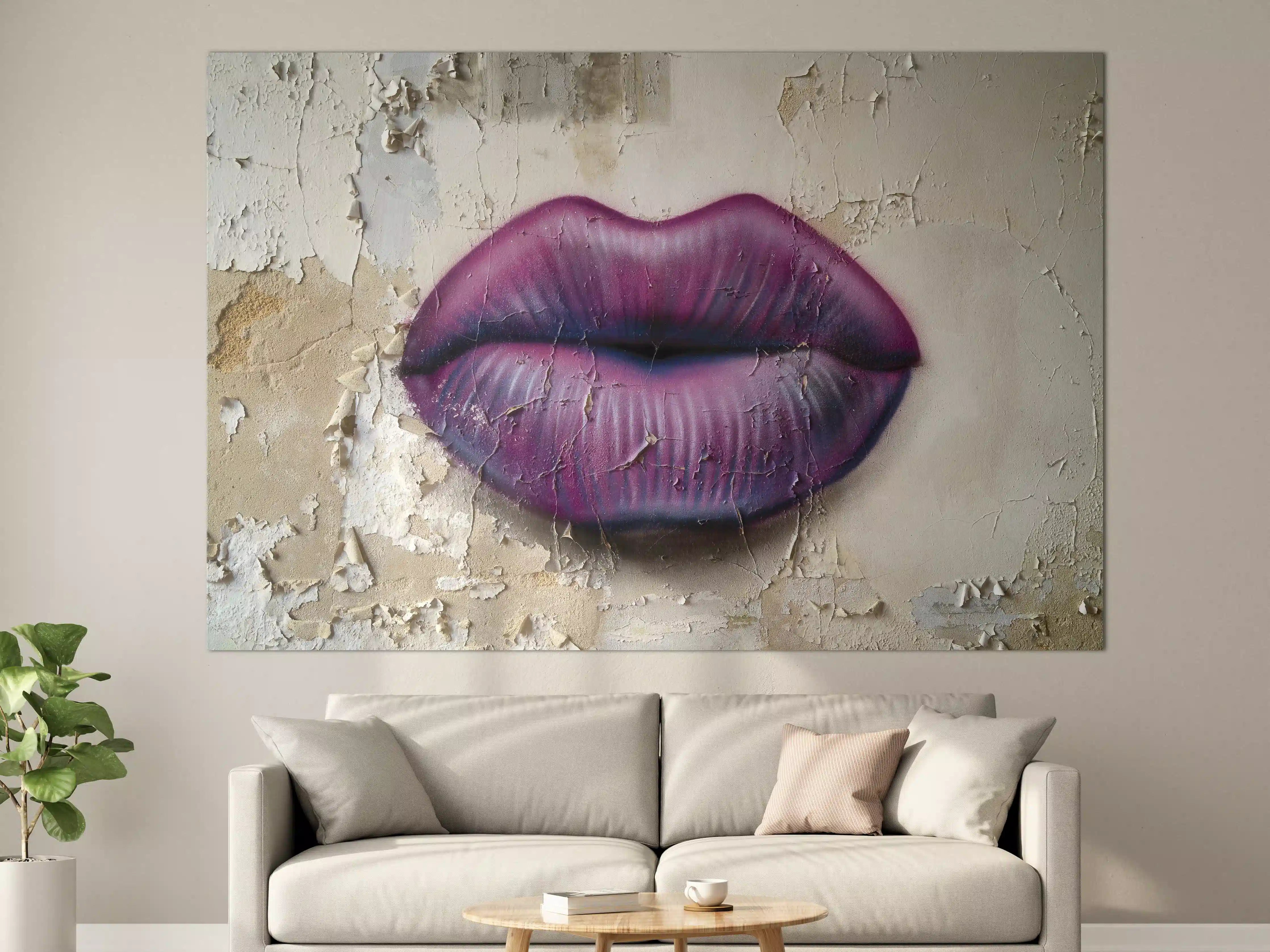 Große Wandbilder - Lippen in Violett auf altem Putzwand