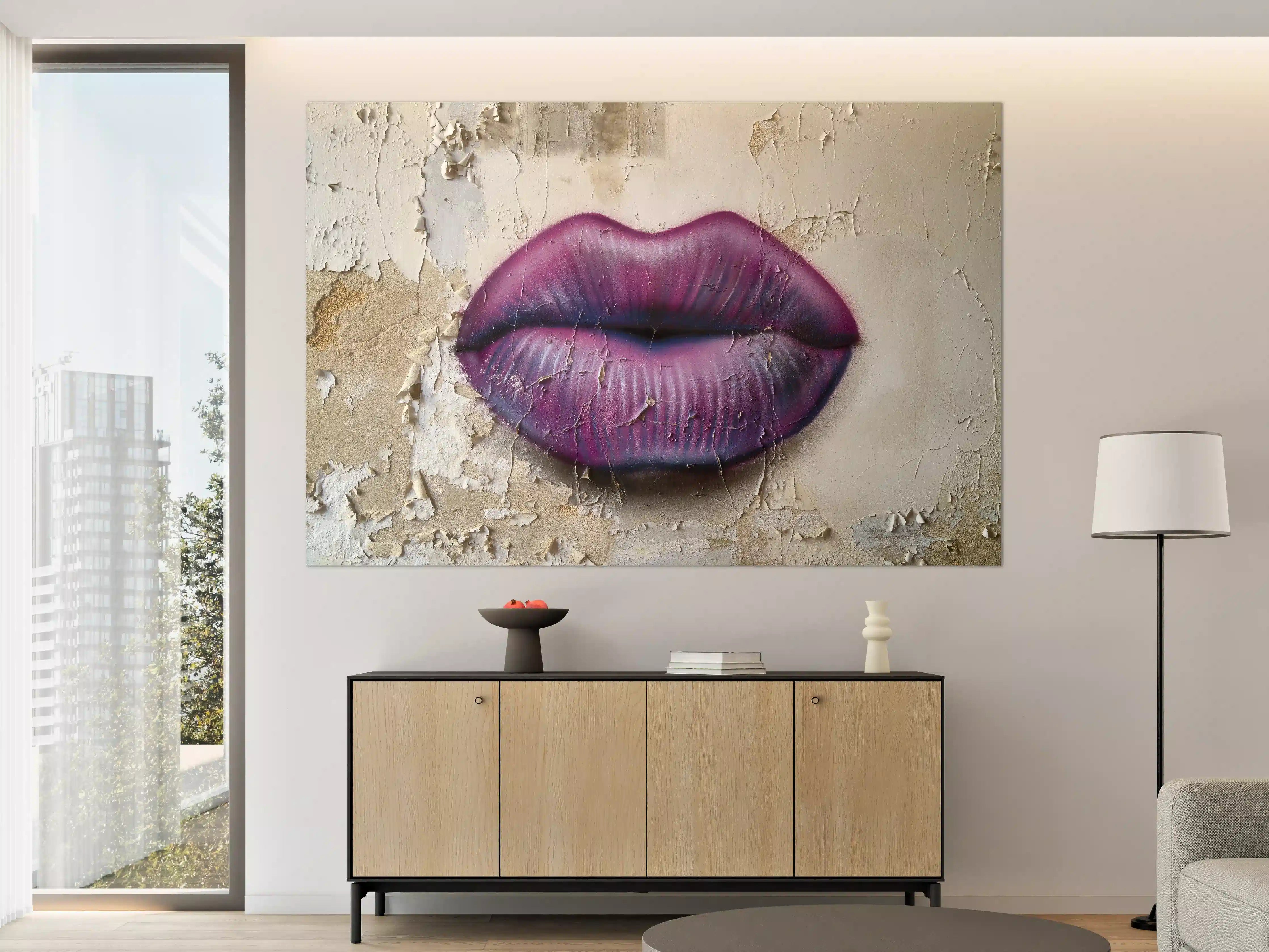 Große Wandbilder - Lippen in Violett auf altem Putzwand
