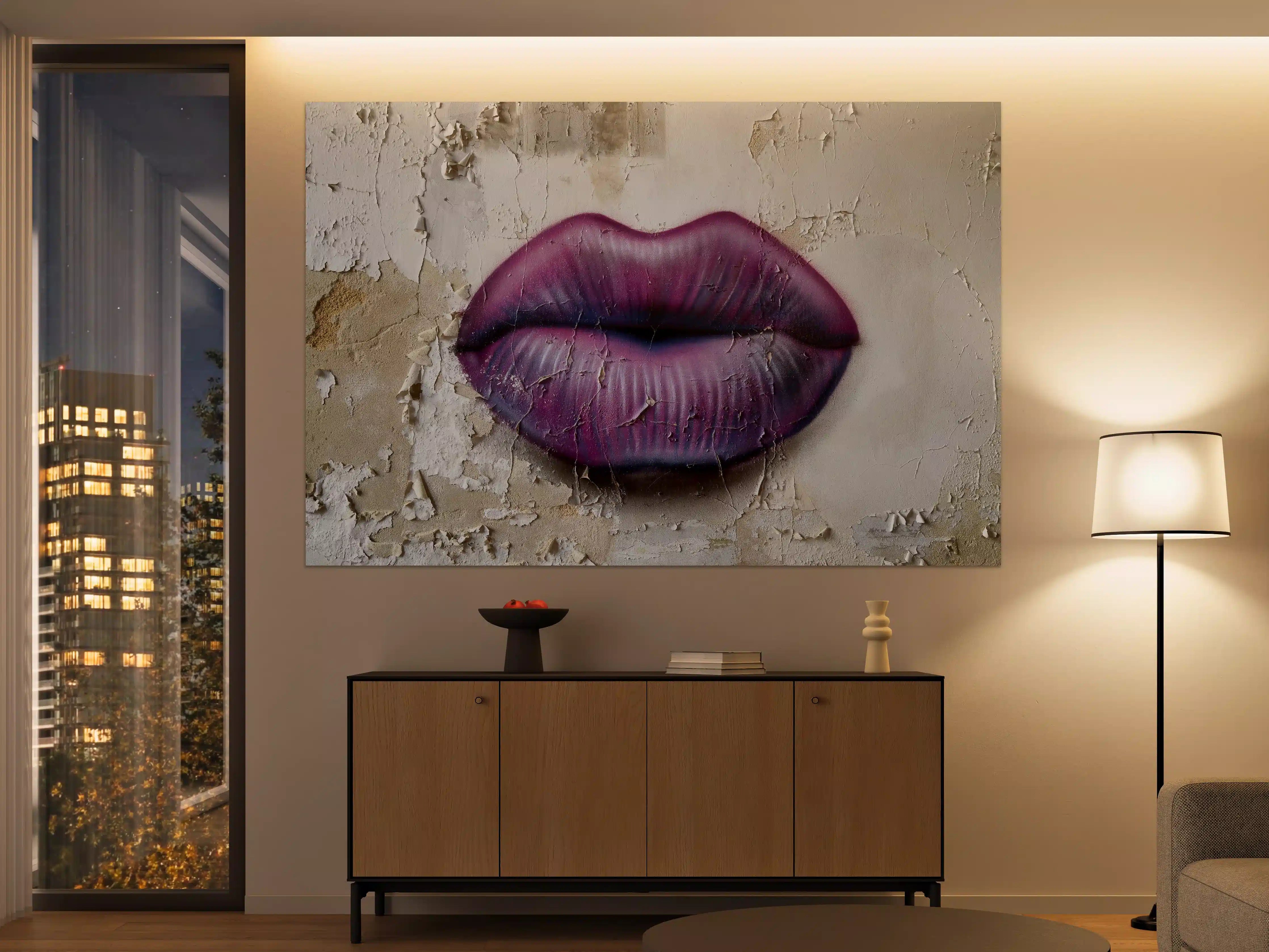 Große Wandbilder - Lippen in Violett auf altem Putzwand