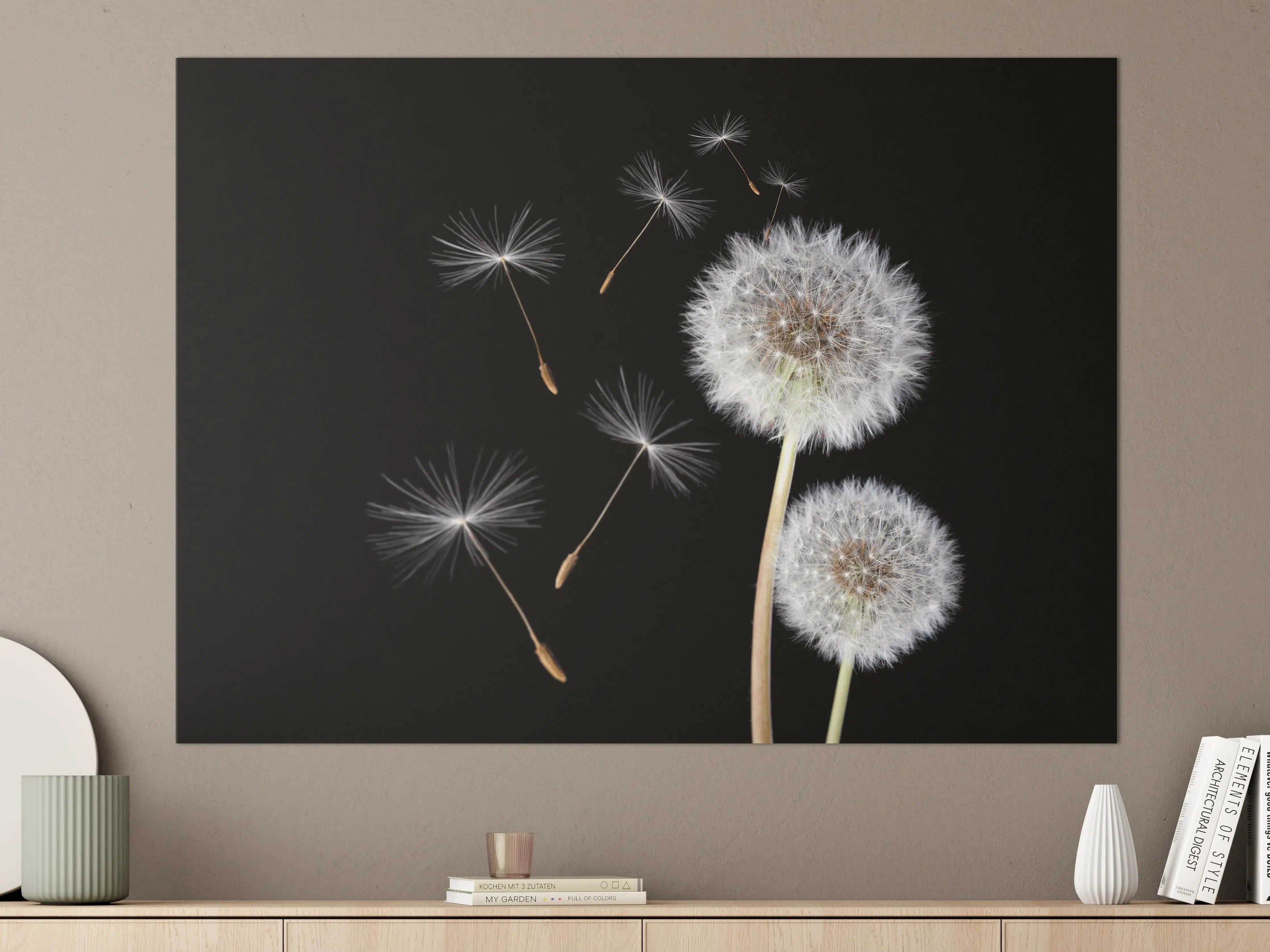 Große Wandbilder - Löwenzahn auf schwarzem Hintergrund